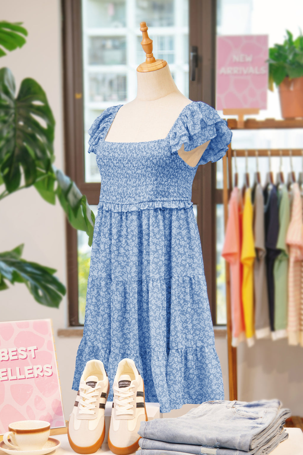 Sky Blue Floral Smocked Tiered Mini Dress Square Neck Flutter Sleeve