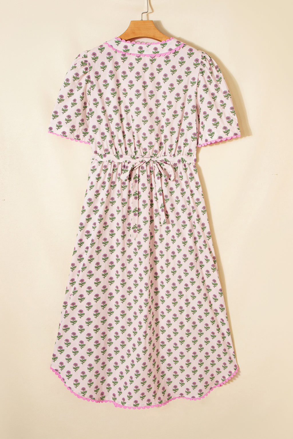 Women's Pink Floral V-Neck Scallop Trim Button Front Short Sleeve Maxi Dress at LivelyLooks