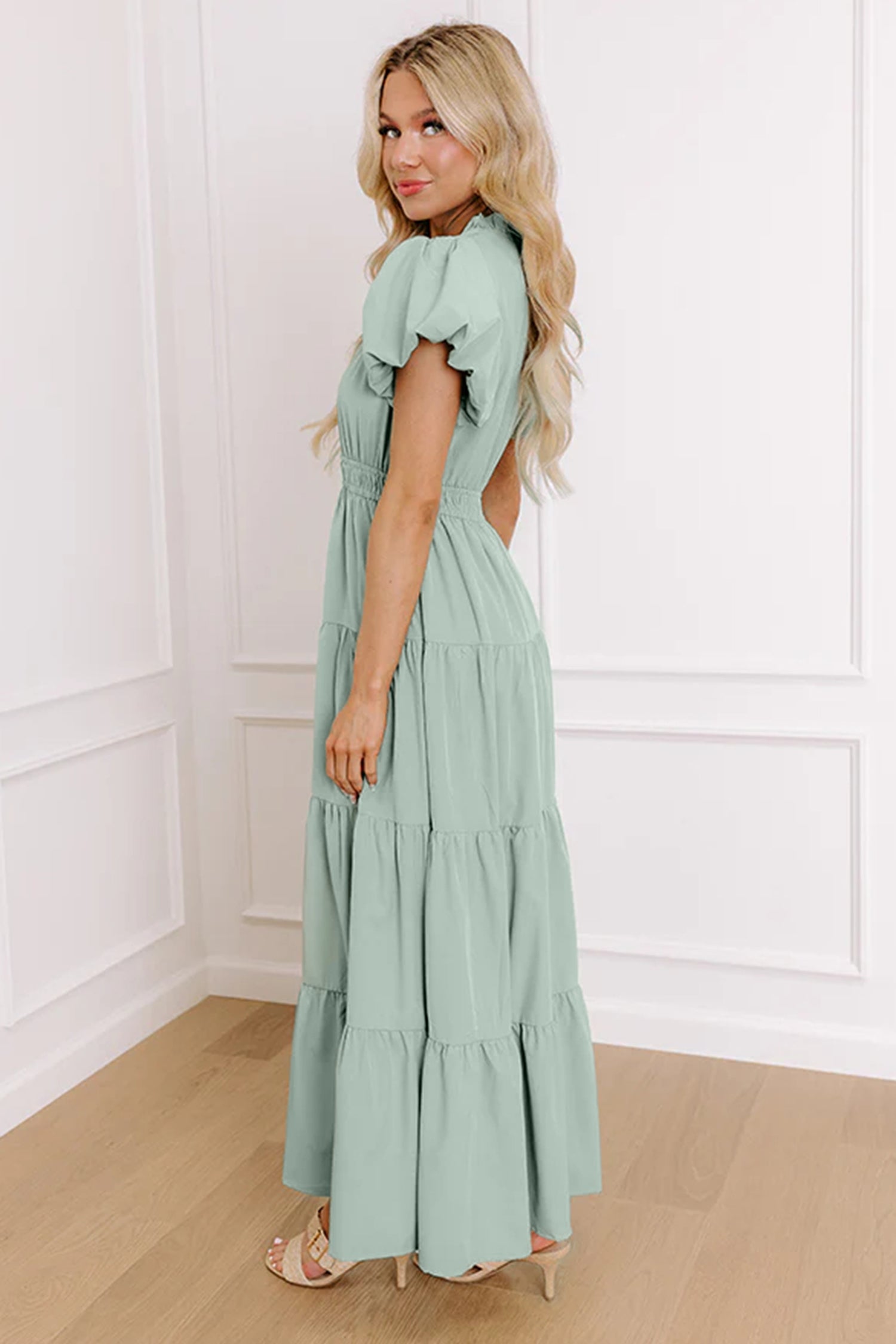 Women's Solid Colour V Neck Puff Sleeve High Waist Tiered Maxi Dress | S-XL at LivelyLooks