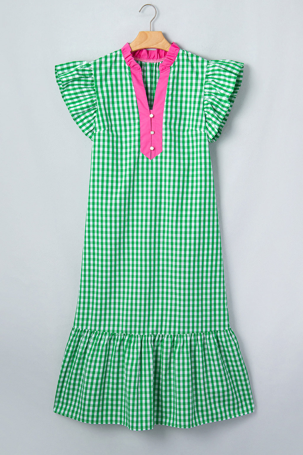 Bright Green Colour Block Plaid Summer Midi Dress S-XL