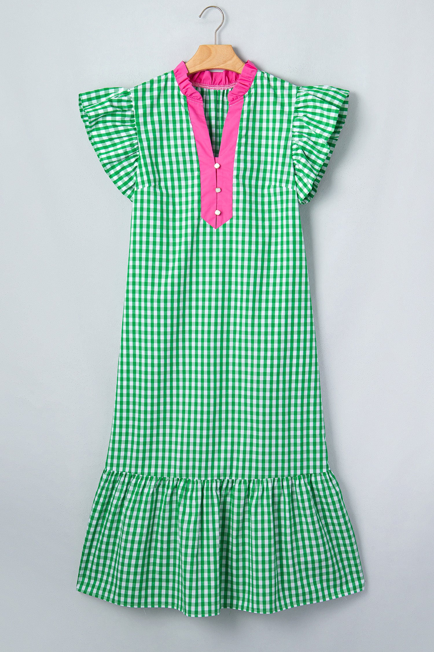 Bright Green Colour Block Plaid Summer Midi Dress S-XL