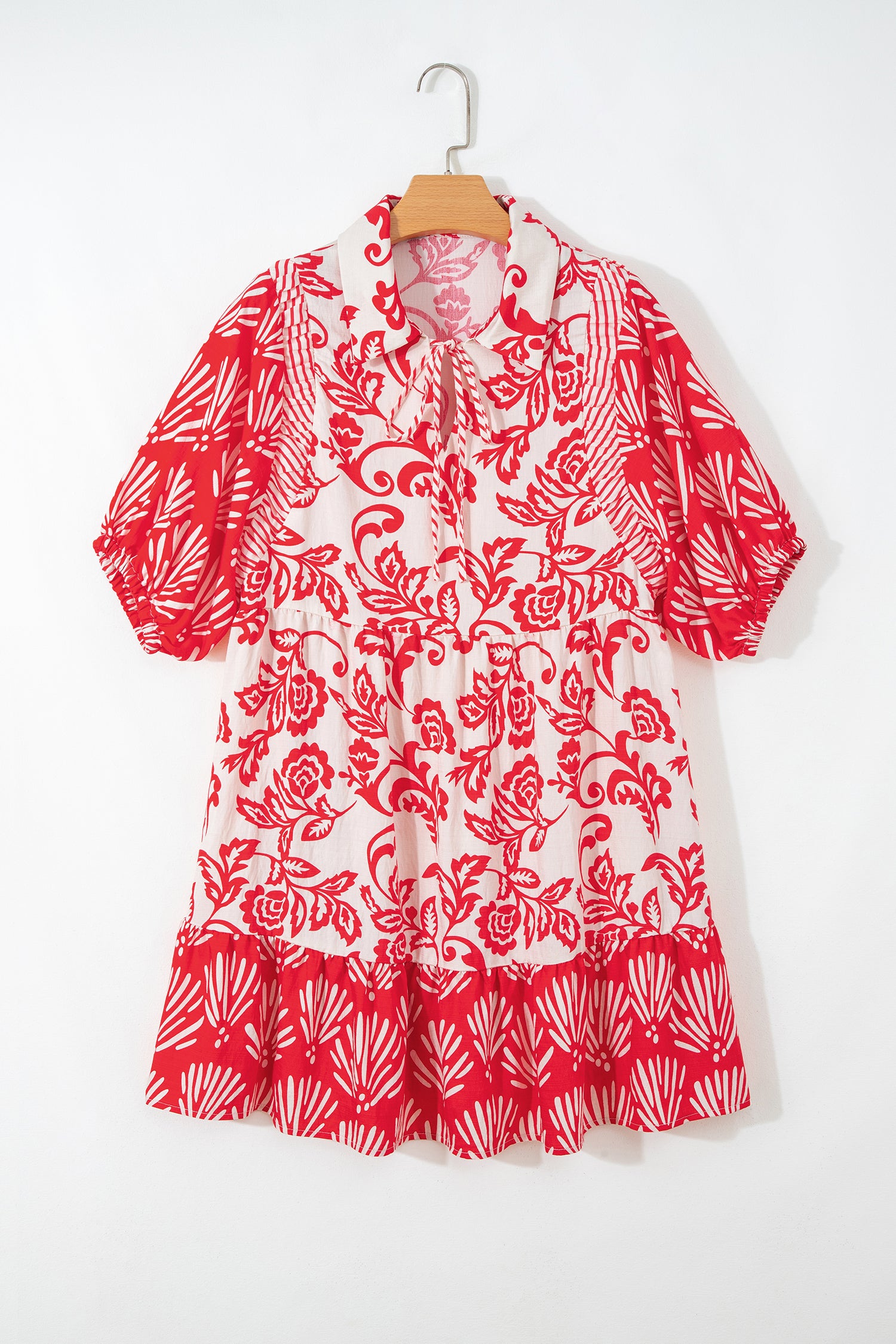 Women's Red Floral Collared V-Neck Half Sleeve Loose Mini Dress at LivelyLooks