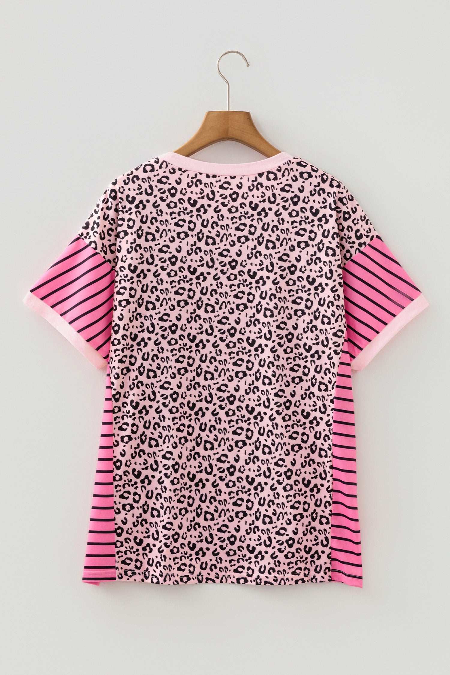 Women's Pink Leopard Striped Contrast Patchwork Plus Size Tee at LivelyLooks