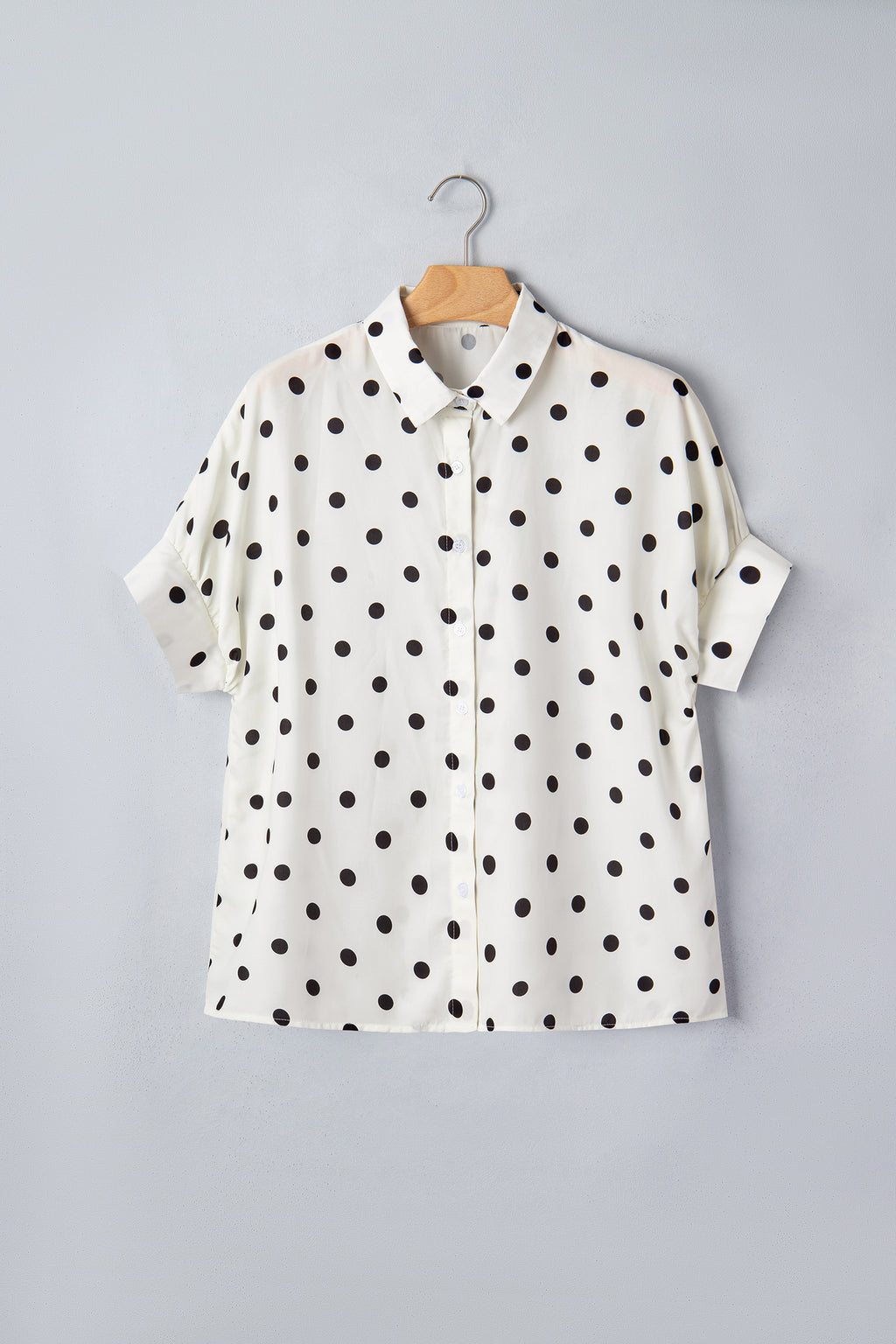 Beige Polka Dot Dolman Shirt Loose Fit Short Sleeve Rolled Cuff Women S-XL