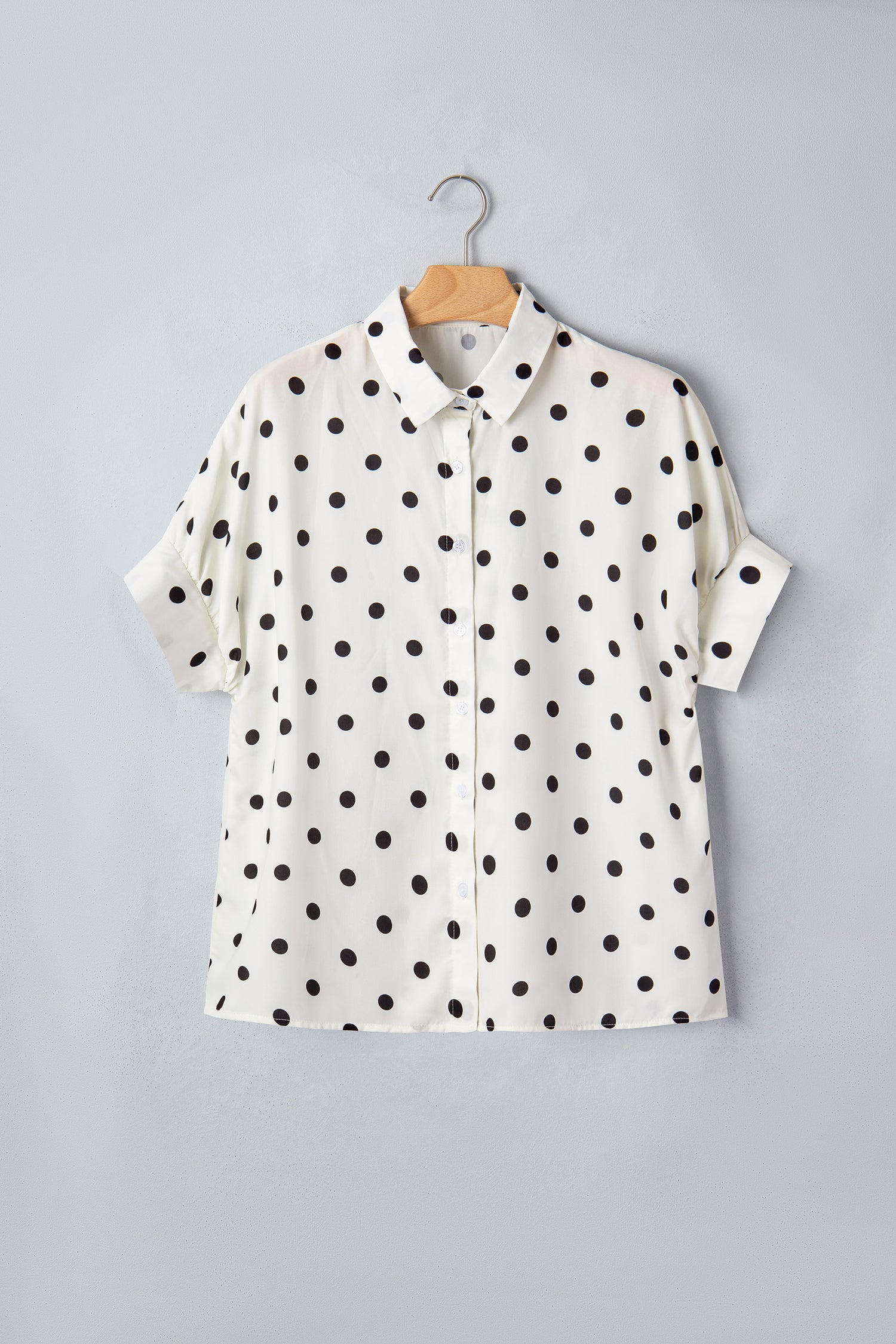 Beige Polka Dot Dolman Shirt Loose Fit Short Sleeve Rolled Cuff Women S-XL