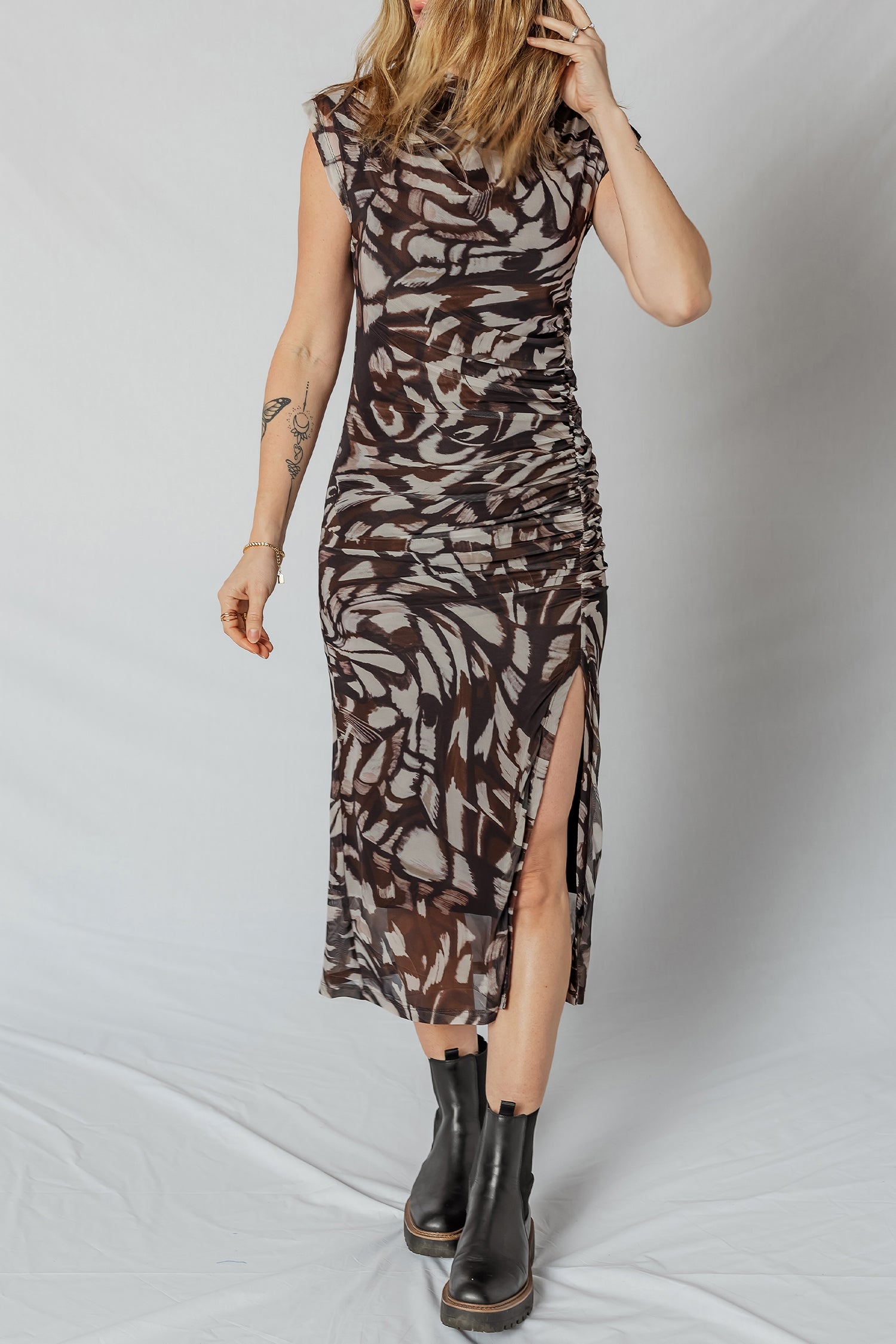 Brown Abstract Print Mesh Cowl Neck Ruched Midi Dress with Slit S-XL