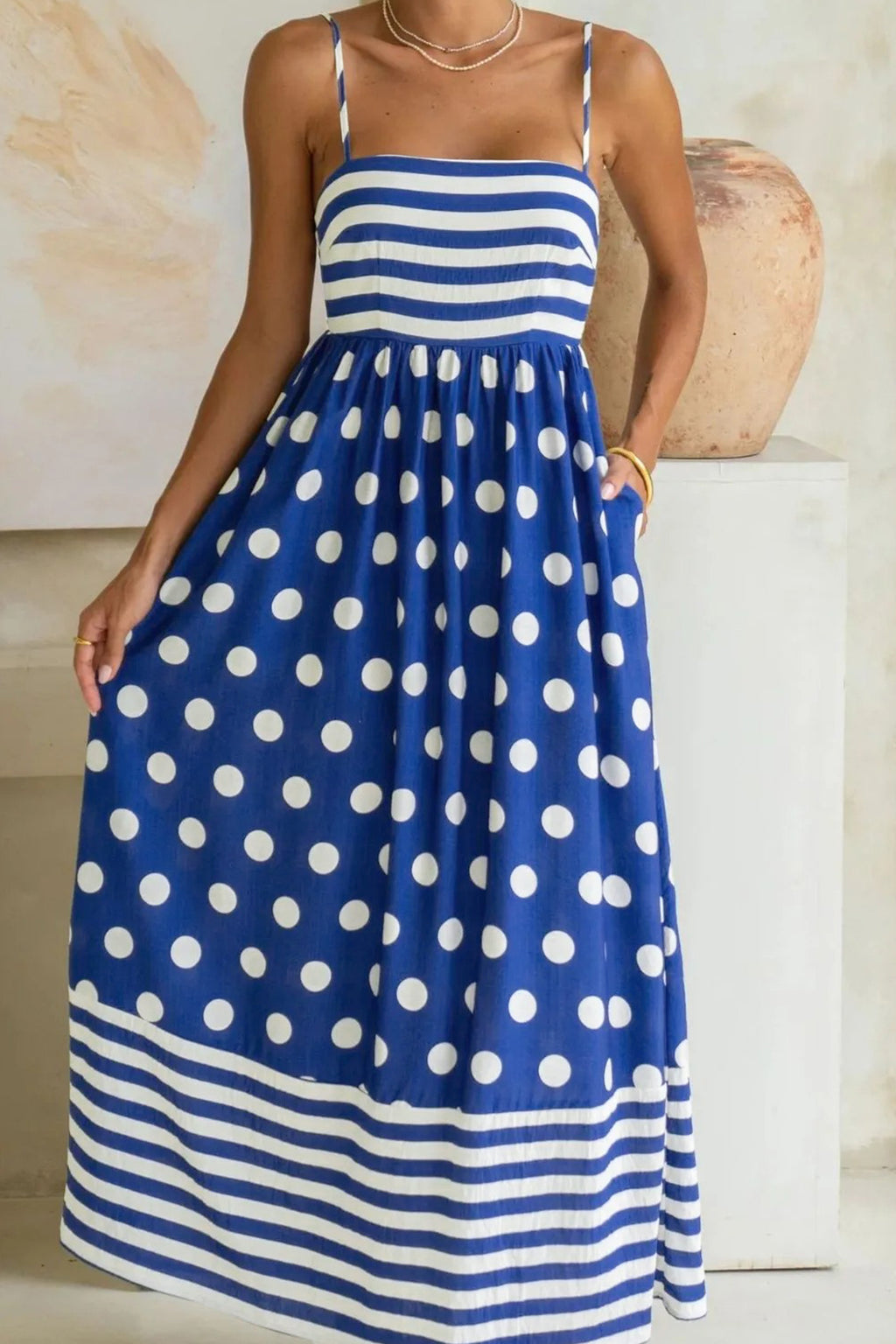 Women's Blue Striped Polka Dot Patchwork High Waist Maxi Dress at LivelyLooks