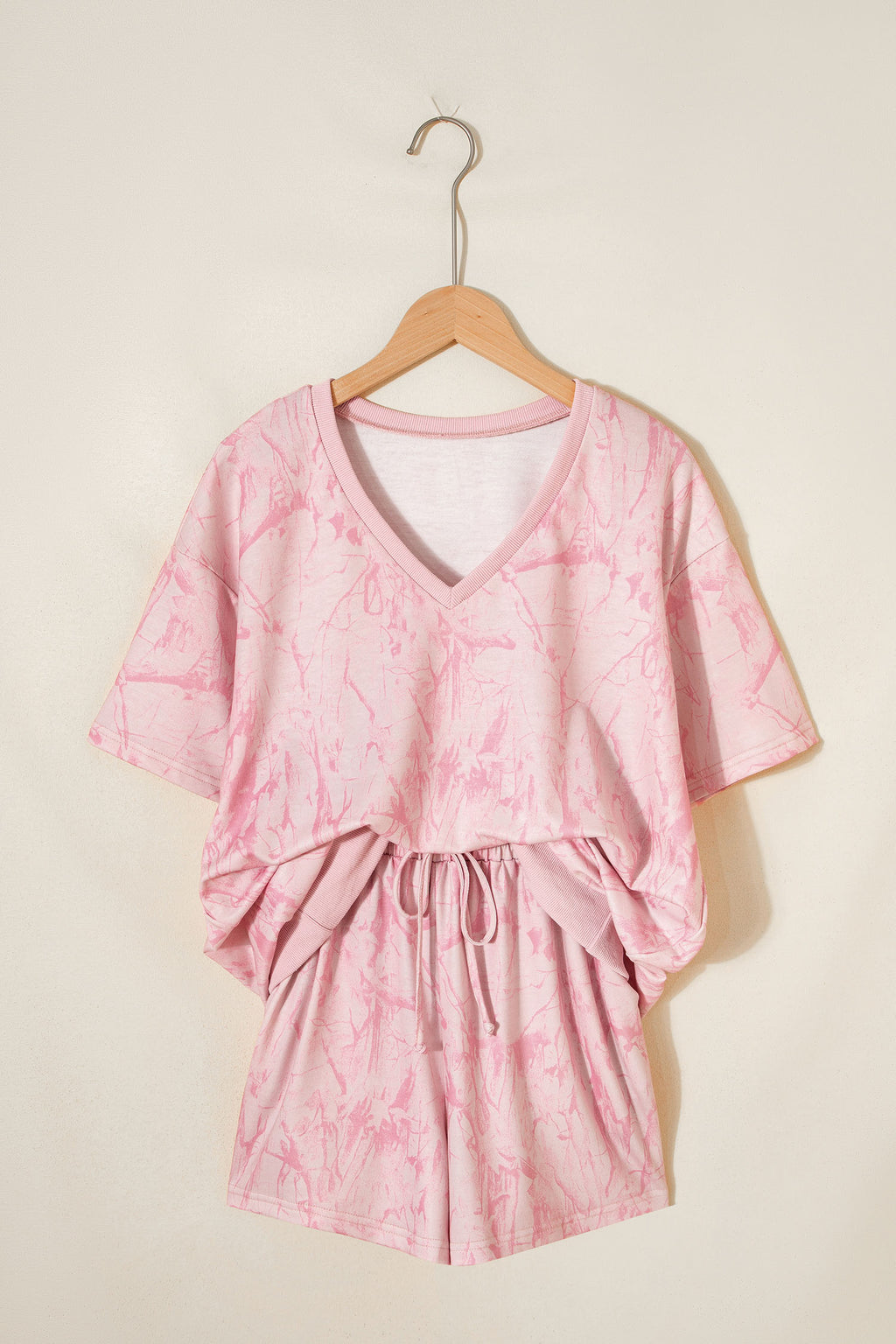 Abstract Print V-Neck Loose Tee & Drawstring Shorts Co-ord | Khaki & Pink