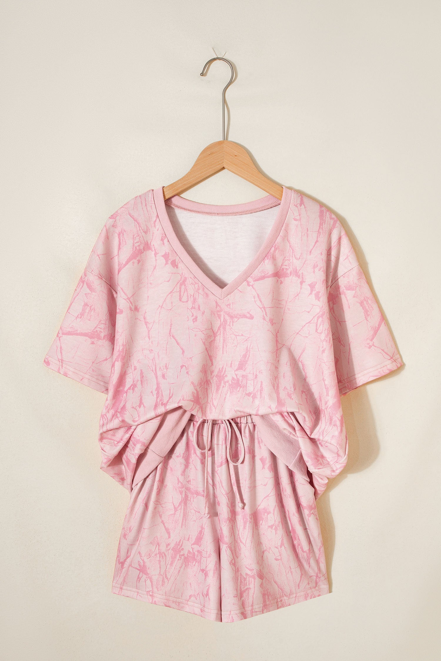 Abstract Print V-Neck Loose Tee & Drawstring Shorts Co-ord | Khaki & Pink