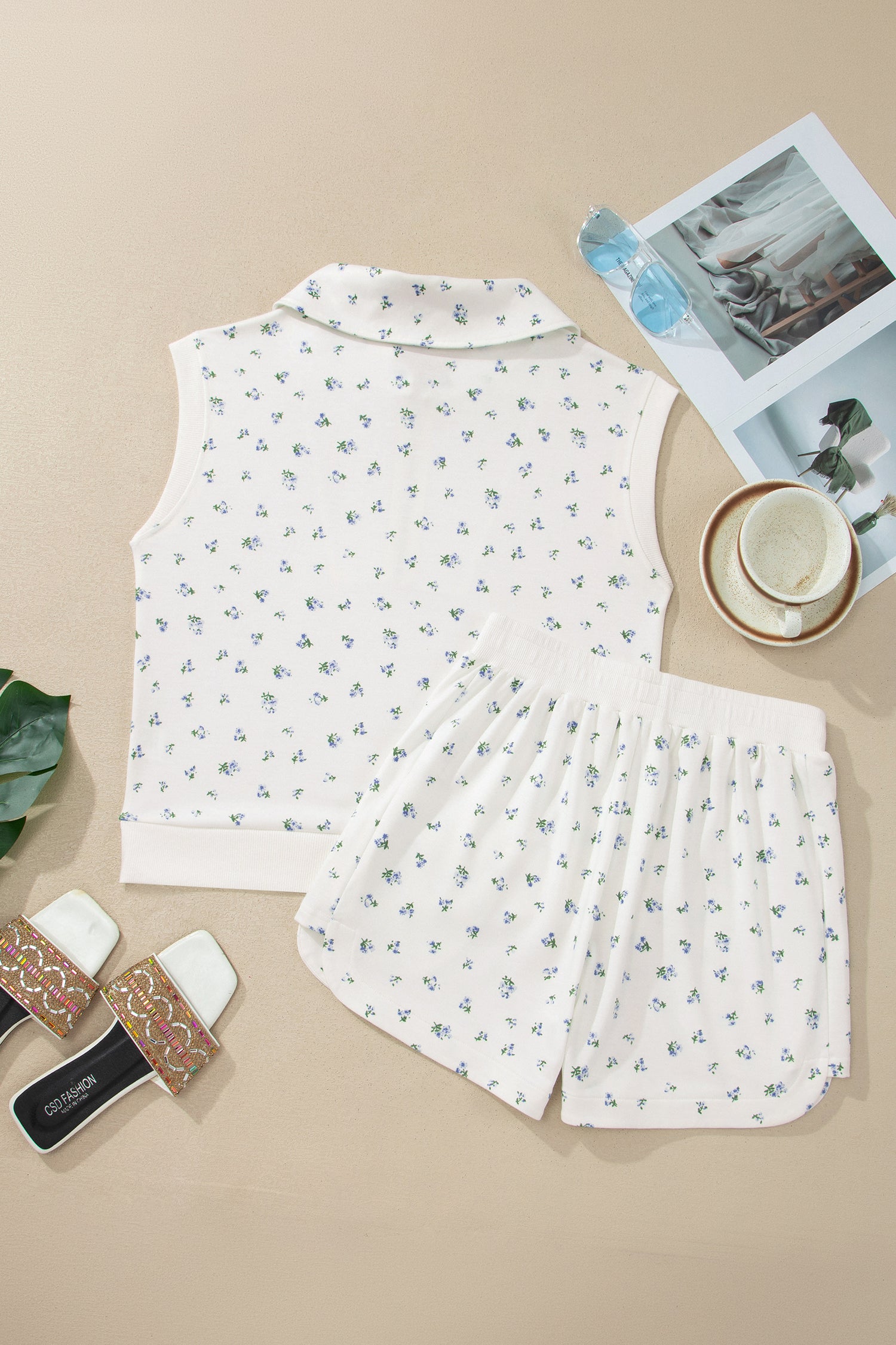 White Floral Print Half Zip Hoodie Top & Shorts Co-ord Set