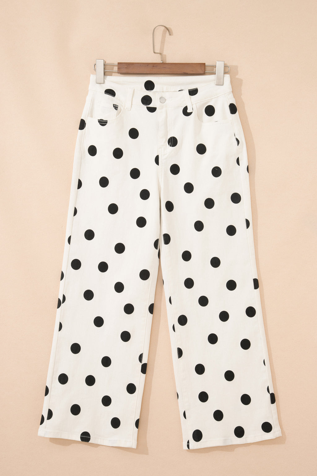 Shop White Polka Dot Wide Leg Ankle Jeans Button Zip Pocket UK 4-16 at LivelyLooks