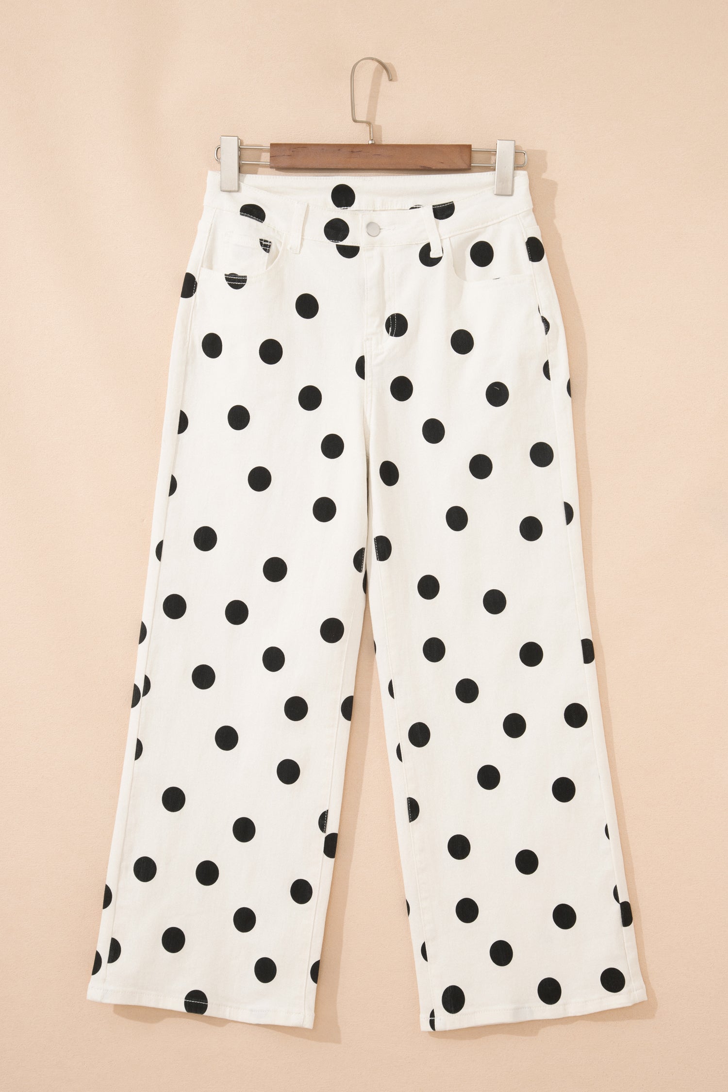 Shop White Polka Dot Wide Leg Ankle Jeans Button Zip Pocket UK 4-16 at LivelyLooks