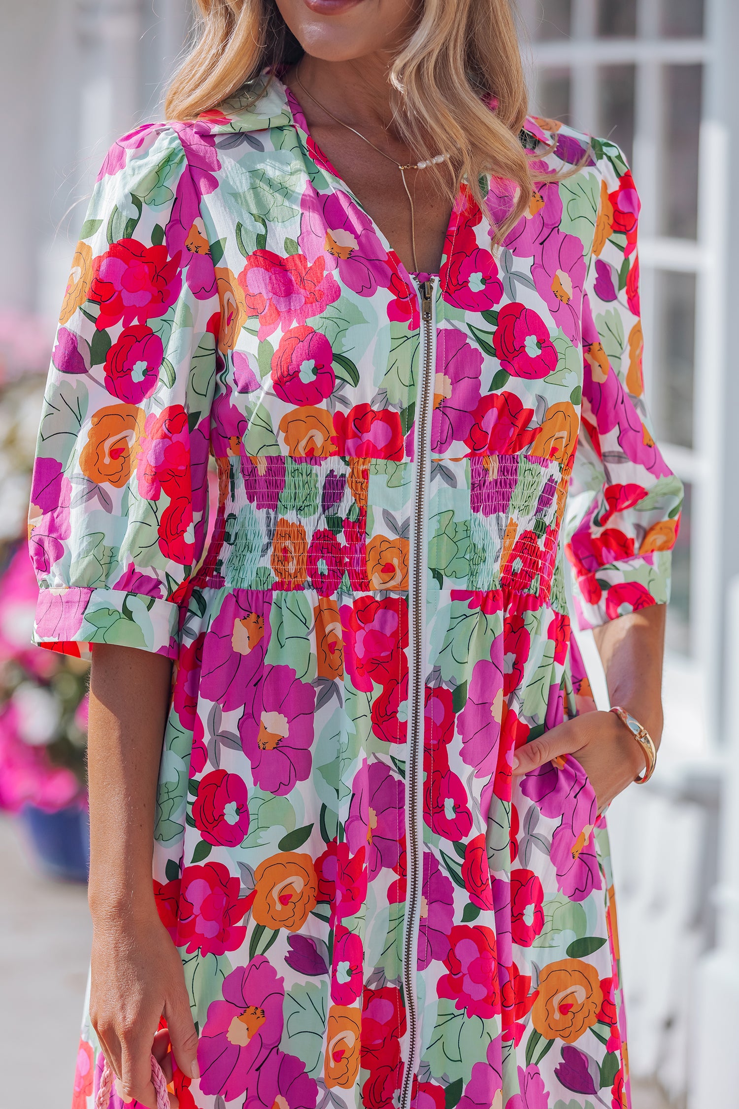 Rose Floral Print Zip Front Shirred Waist Flared Half Sleeve Midi Dress S-XL