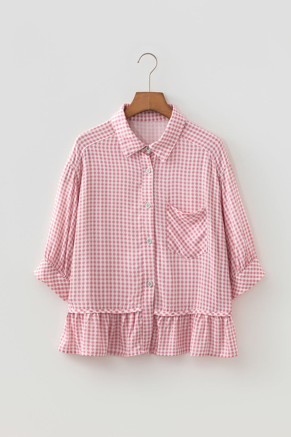 Pink Plaid Ruffle Hem Half Sleeve Button Down Shirt | S-XL