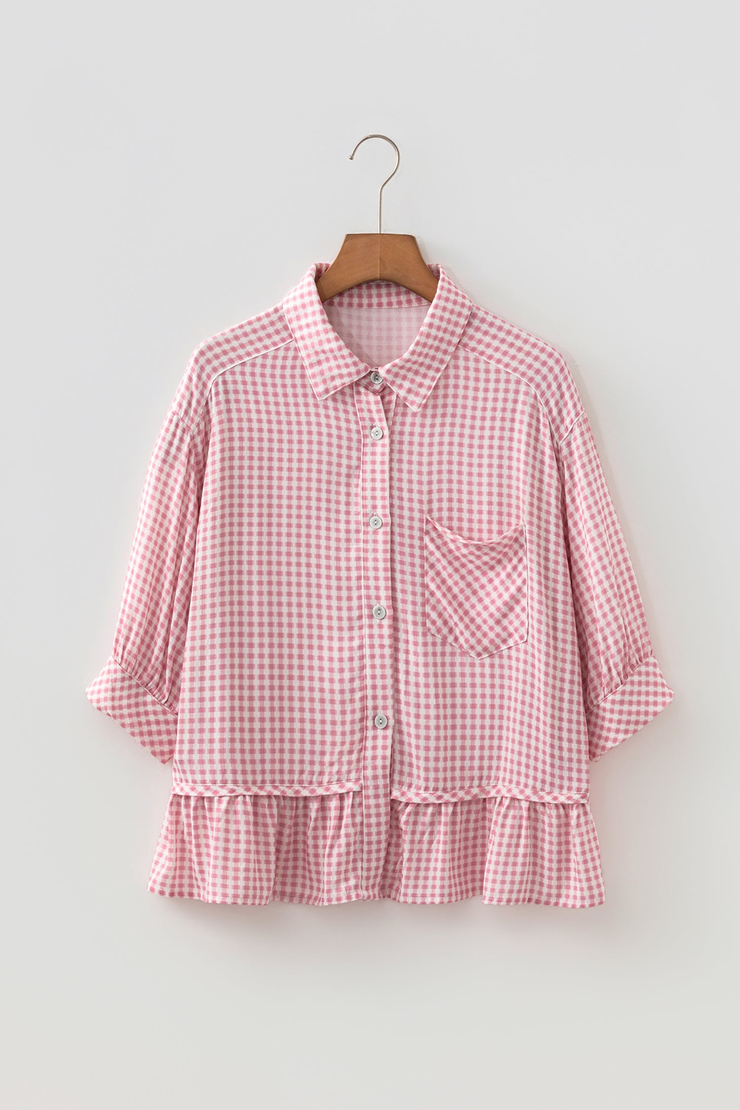 Pink Plaid Ruffle Hem Half Sleeve Button Down Shirt | S-XL