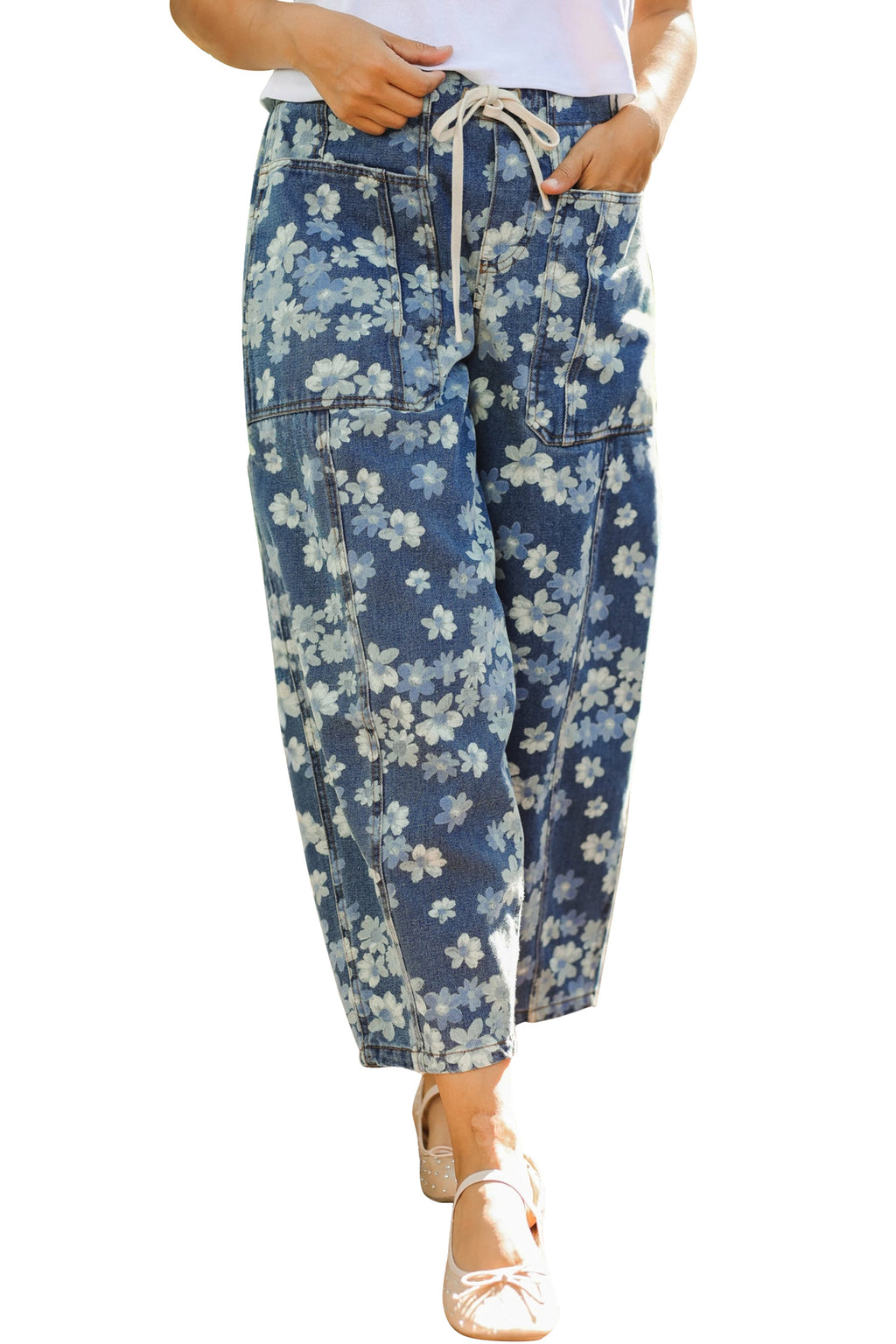 LivelyLooks Sky Blue Dainty Floral Print Drawstring Barrel Jeans Sz 4–16 women's fashion