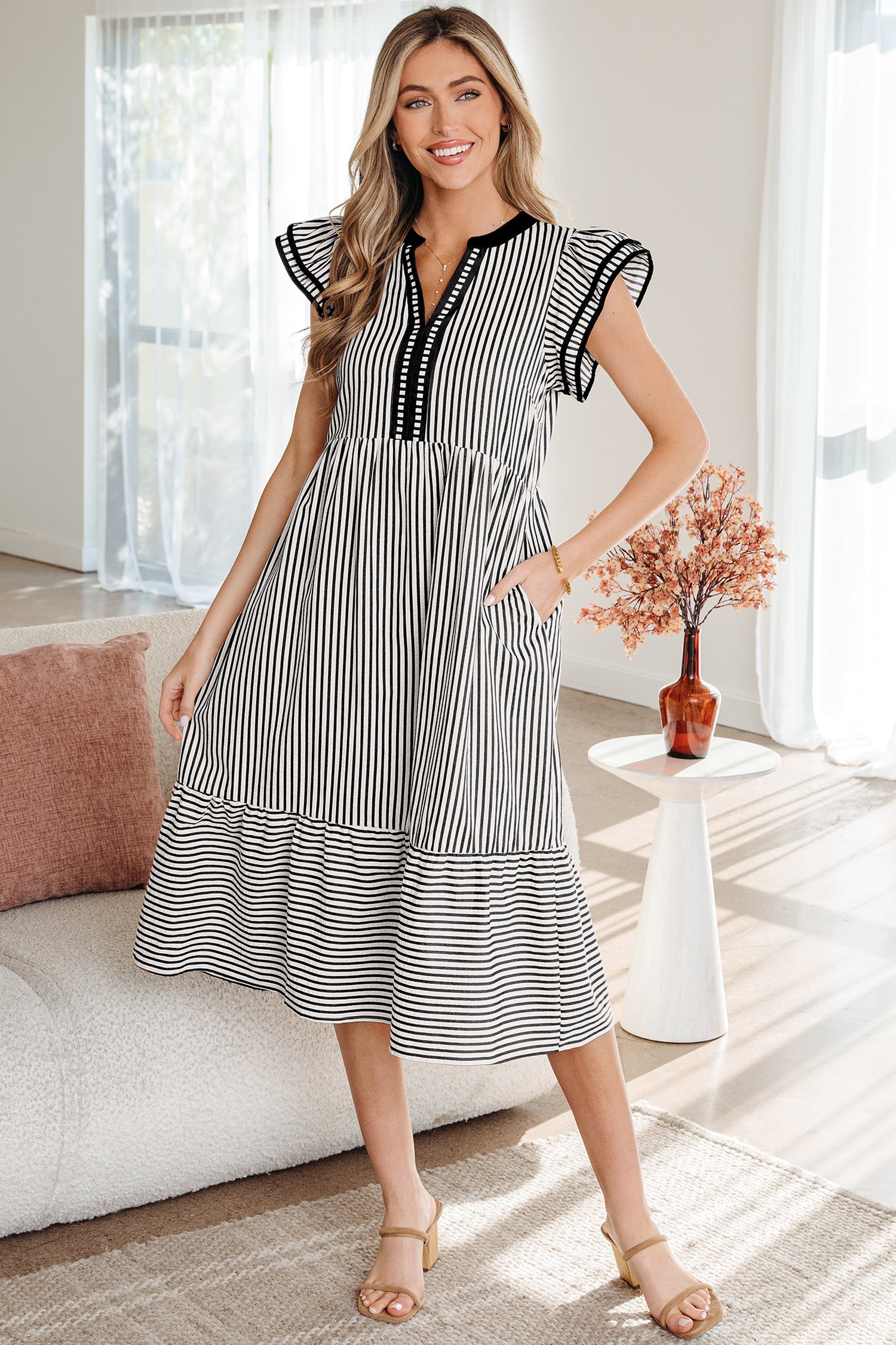 Stripe Double Ruffle Sleeve V-Neck Midi Dress | Green, Brown & Black