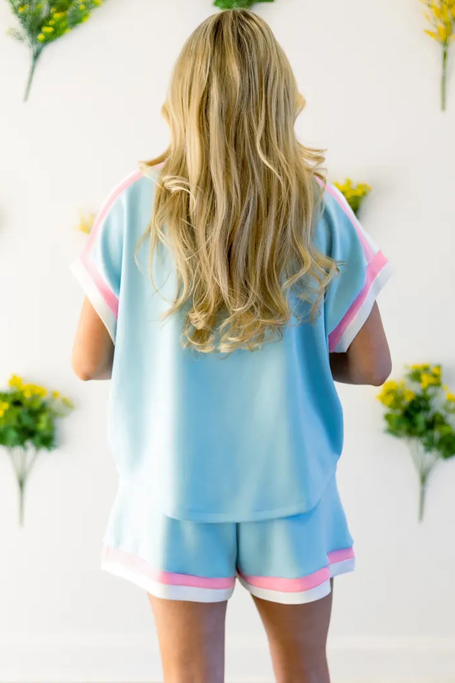 Striped Trim Casual Tee & Drawstring Shorts Co-ord Set – Bonbon & Mist Blue