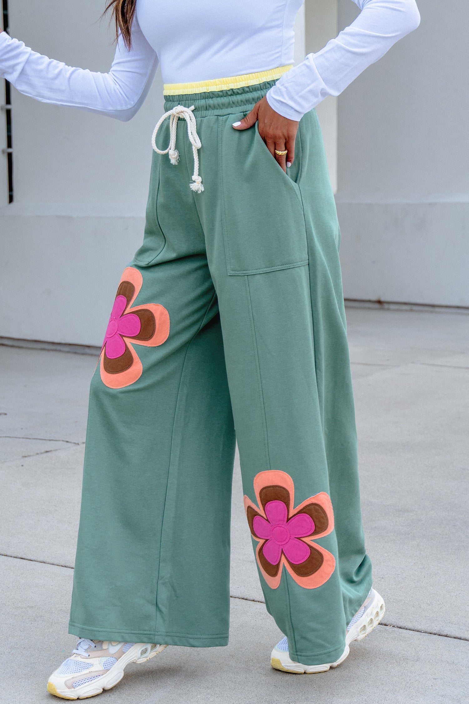 Green Floral Patchwork Wide Leg Pants | Boho Drawstring Waist