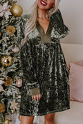 Jungle Green Velvet V Neck Long Sleeve Loose Dress with Pockets S-XL