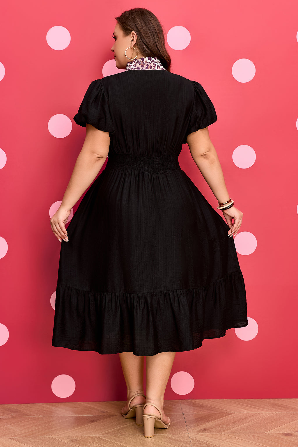 Women's Black Leopard V Neck Patchwork Smocked Waist Plus Size Ruffled Dress at LivelyLooks