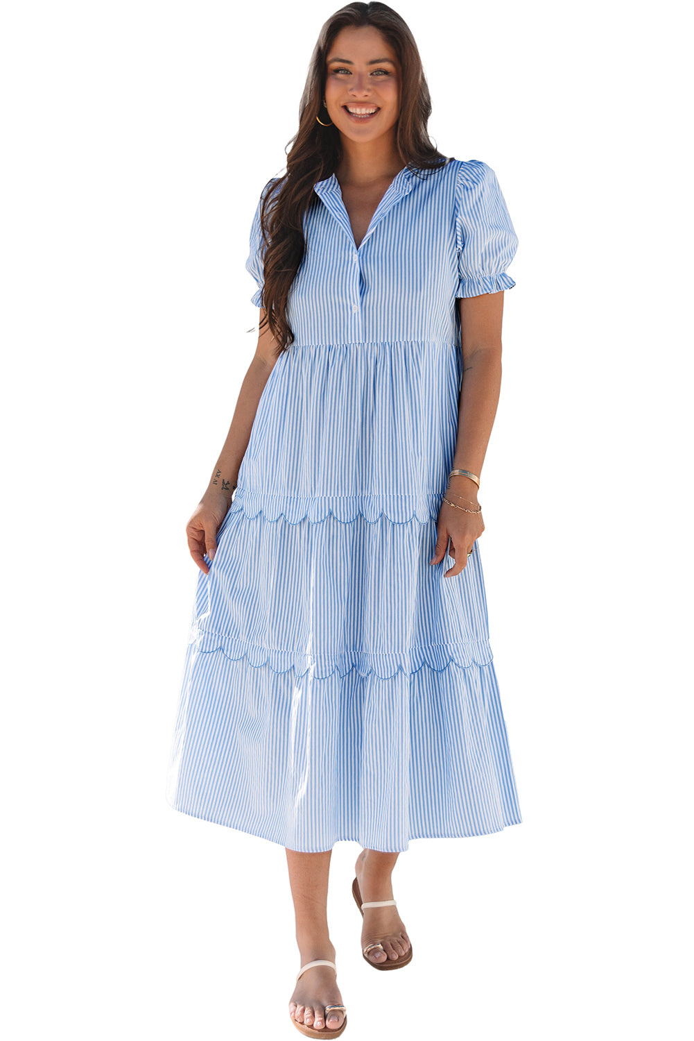 LivelyLooks Women's Blue Stripe Bubble Sleeve Tiered Scallop Maxi Dress S-XL women's fashion