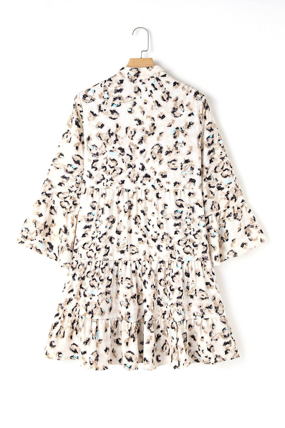Women's Rose Leopard Print Buttoned Front 3/4 Sleeve Tiered Ruffle Hem Dress at LivelyLooks