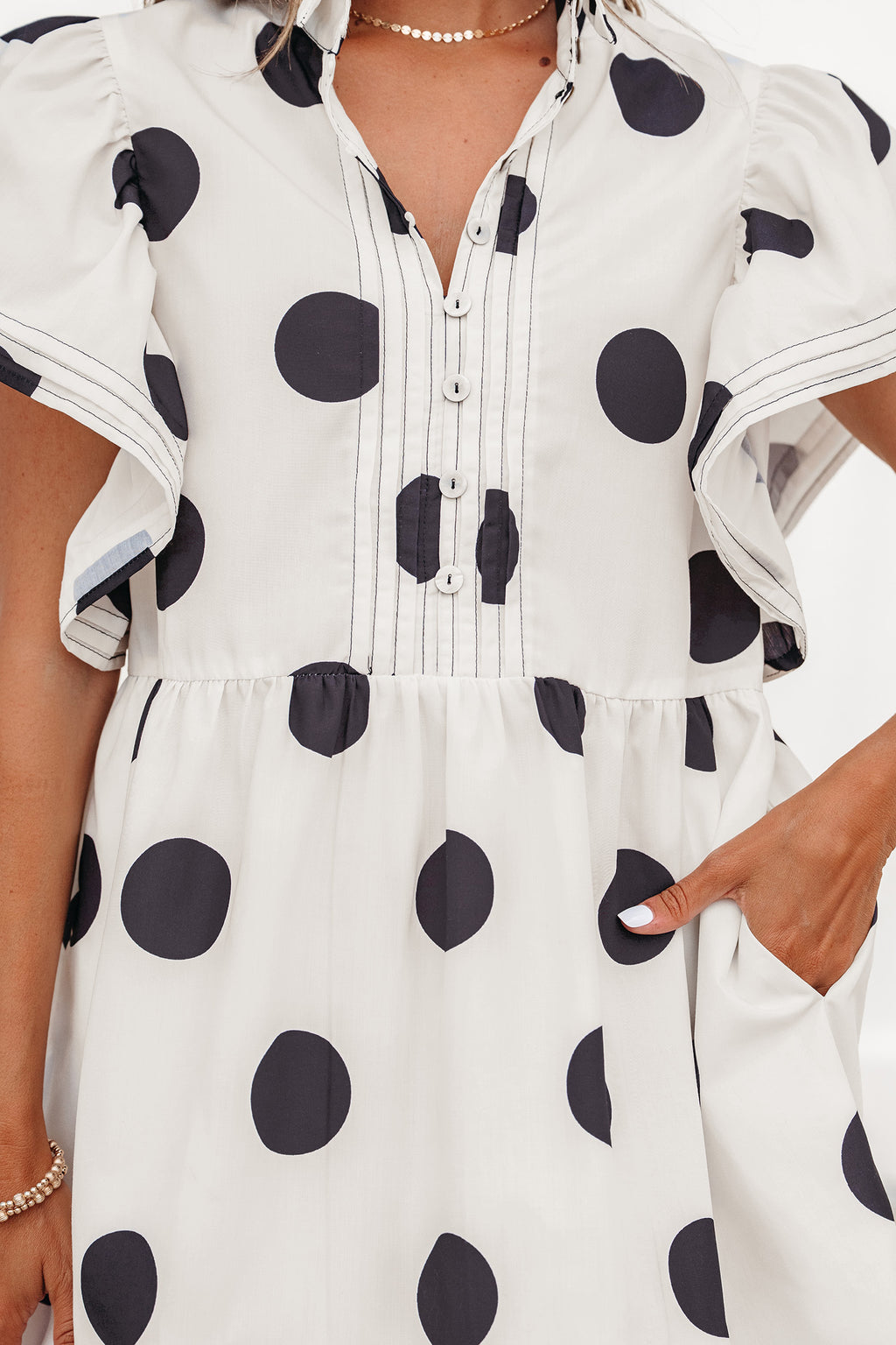 White Polka Dot Half Button Ruffled Short Sleeve Loose Mini Dress S-XL