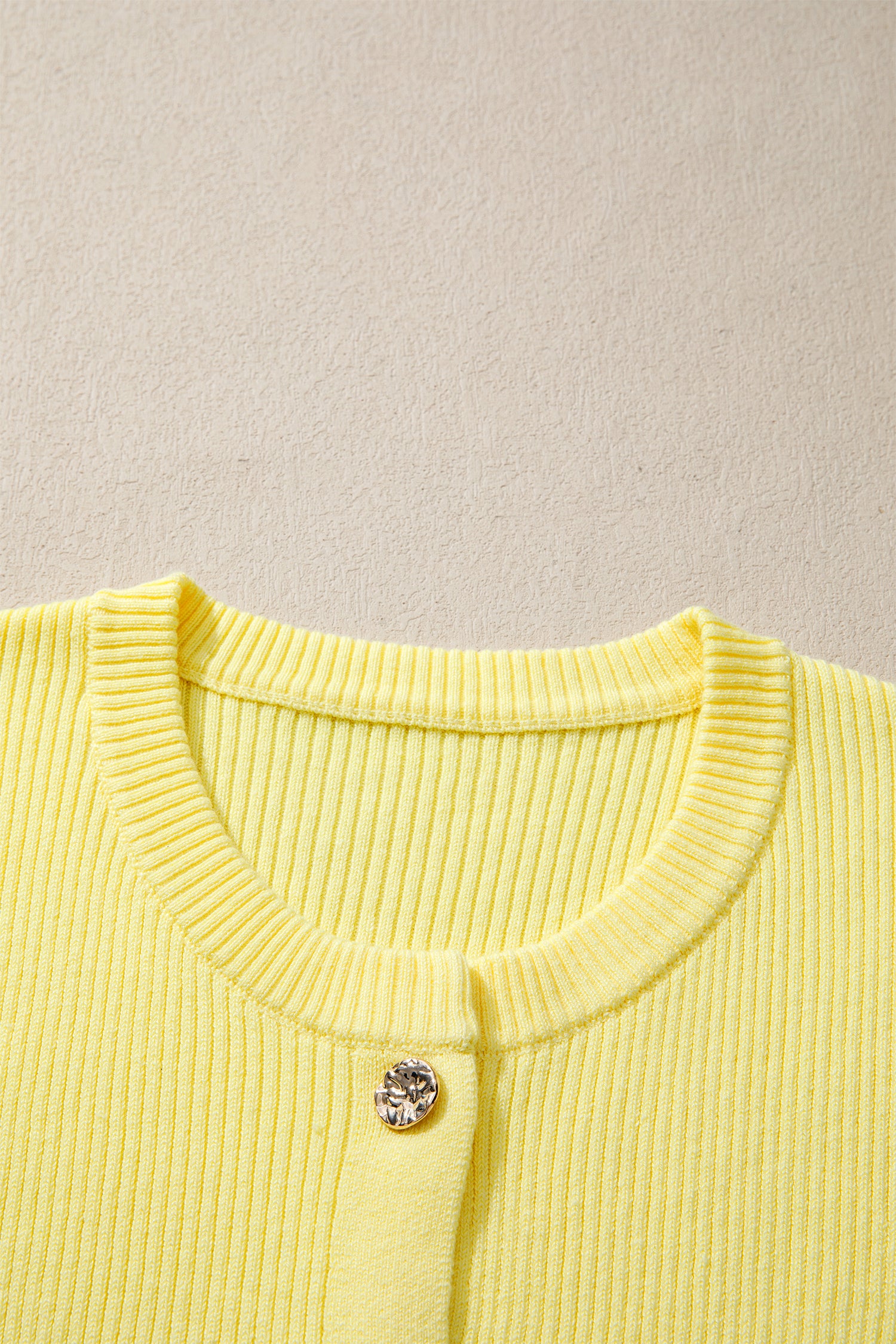Yellow Ribbed Knit Contrast Trim Frilled Short Sleeve Cardigan