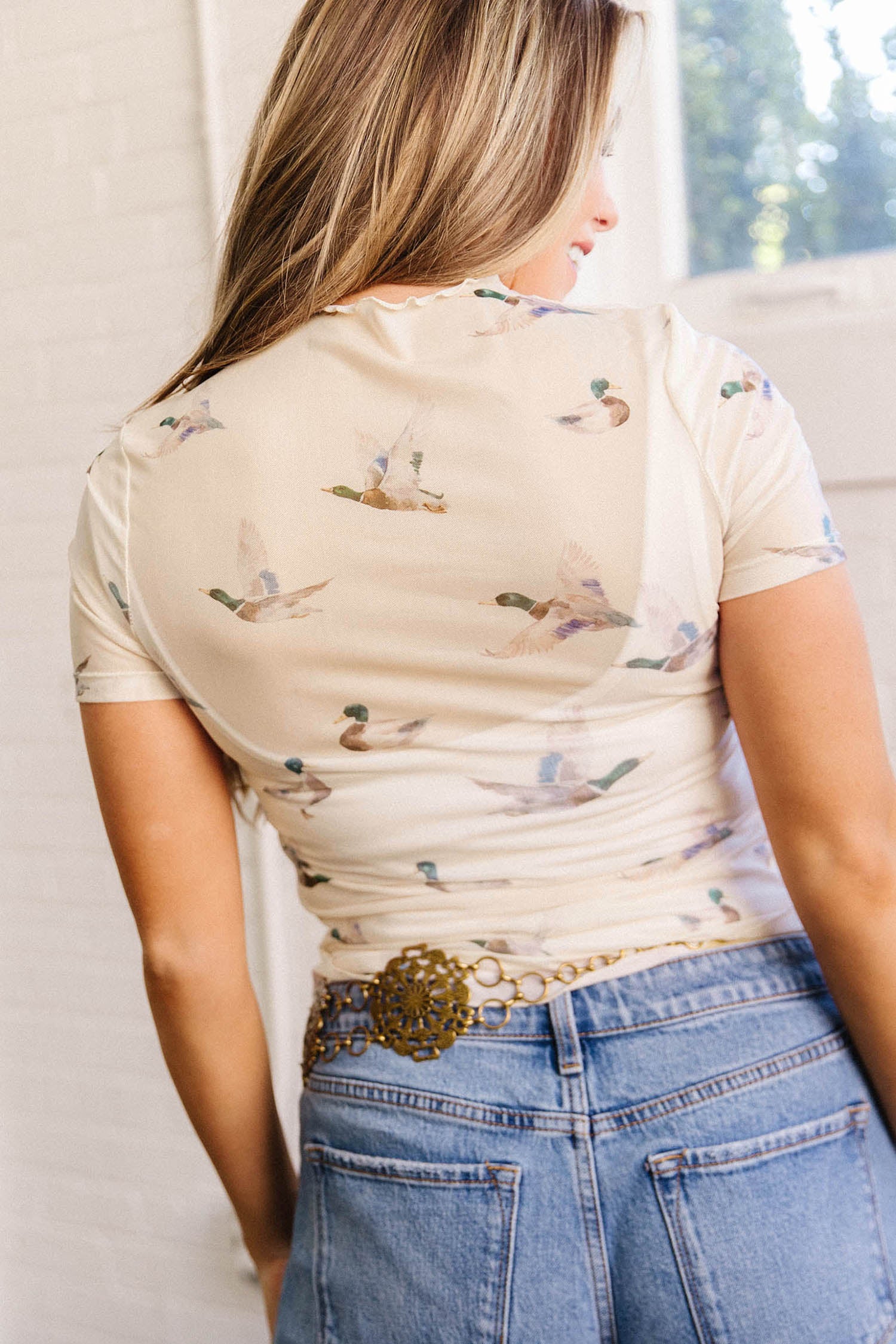 Beige Mallard Print Sheer Mesh Top Short Sleeve Women S-XL