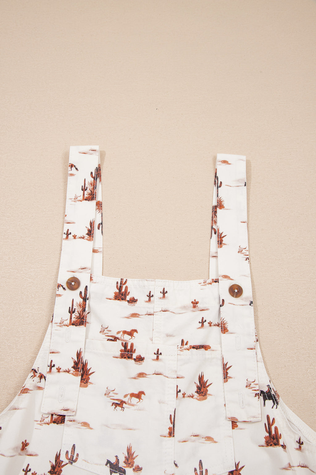 Beige Western Print Adjustable Strap Loose Dungaree Jumpsuit