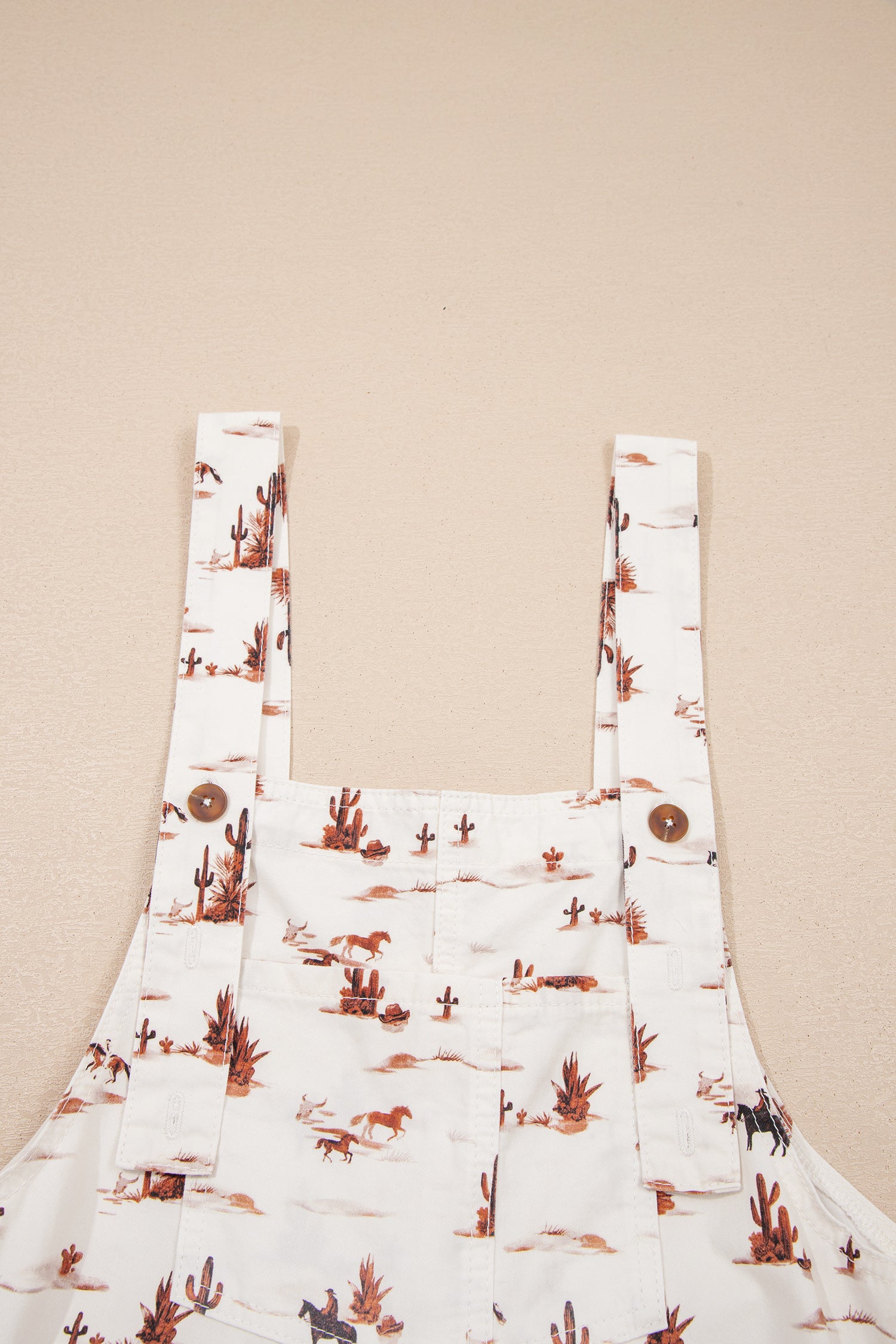Beige Western Print Adjustable Strap Loose Dungaree Jumpsuit