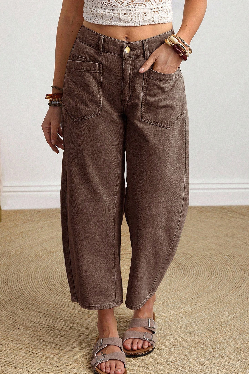 Women's Brown Barrel Leg Jeans Square Patch Pocket Ankle Length UK 4-16 at LivelyLooks