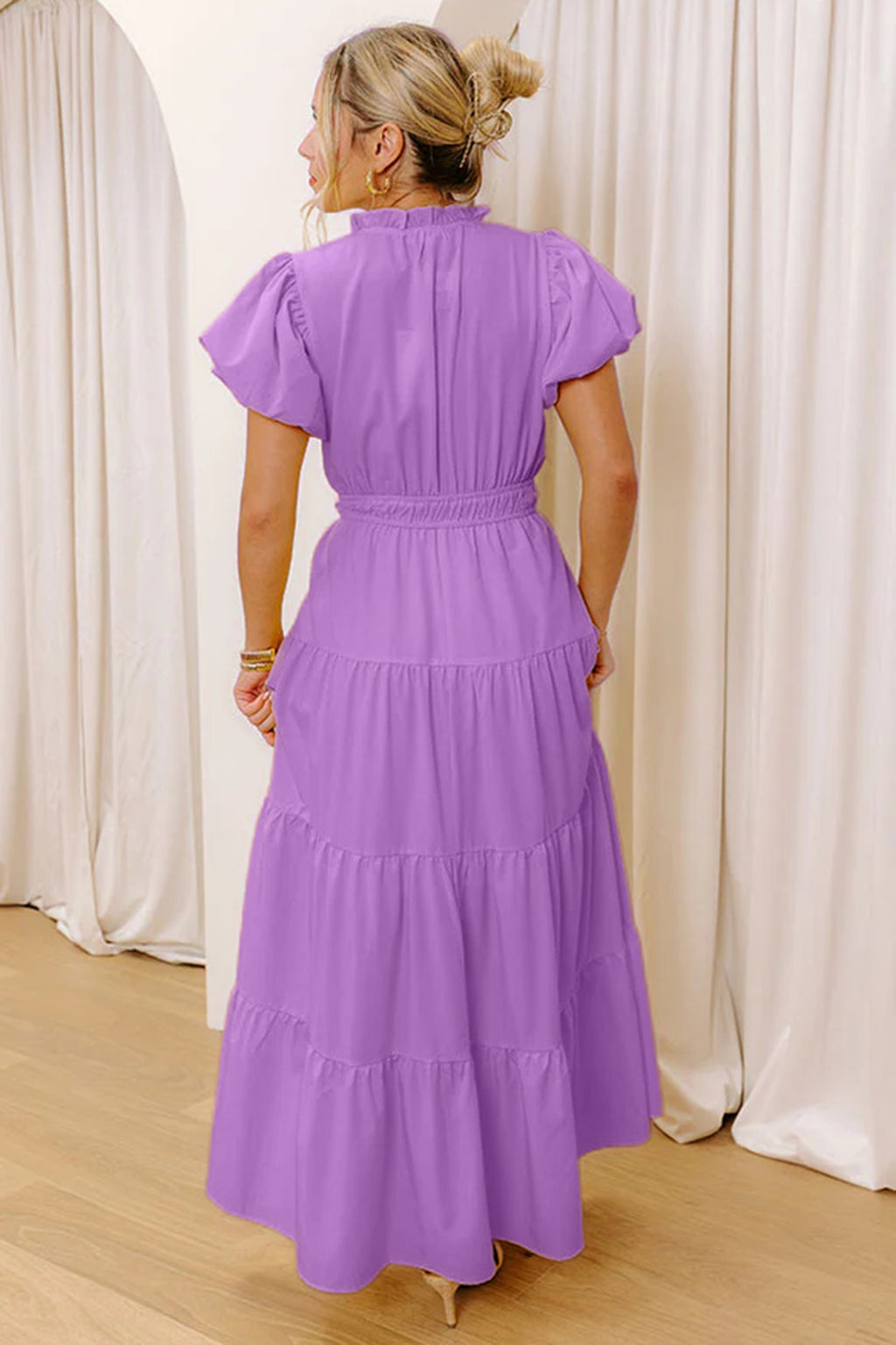Women's Solid Colour V Neck Puff Sleeve High Waist Tiered Maxi Dress | S-XL at LivelyLooks
