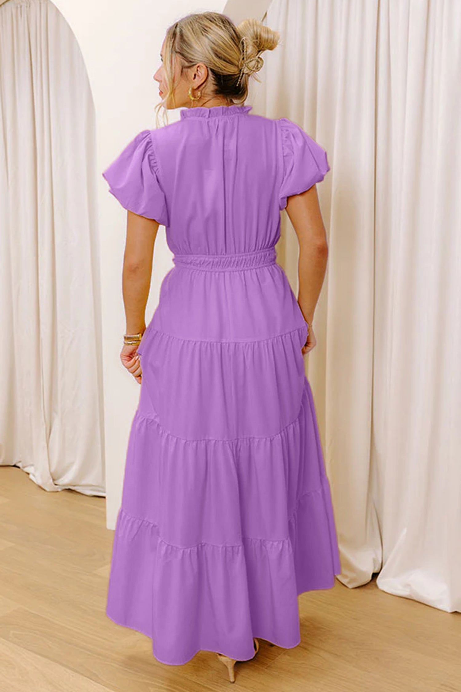 Women's Solid Colour V Neck Puff Sleeve High Waist Tiered Maxi Dress | S-XL at LivelyLooks