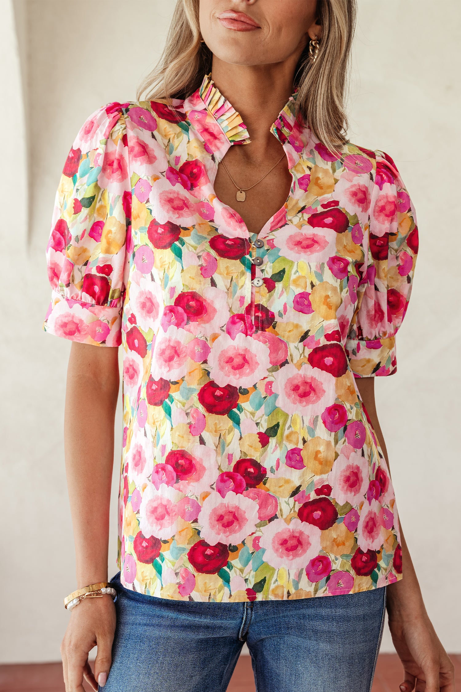 Pink Floral Frilled V Neck Puff Sleeve Blouse