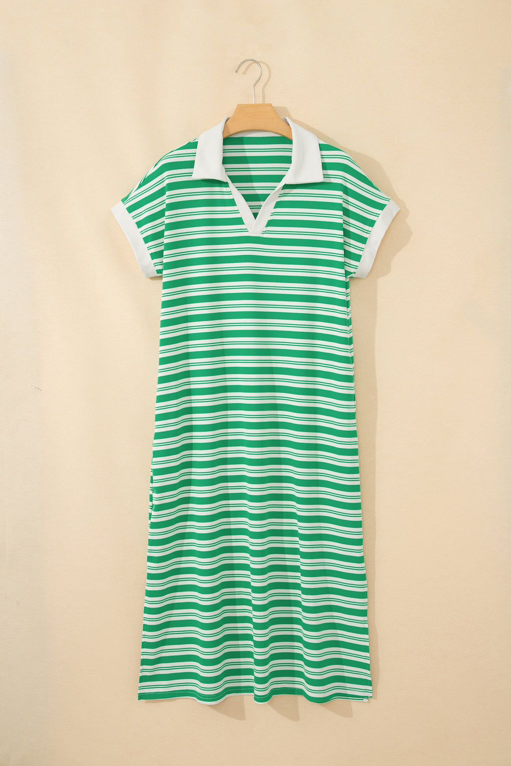 Shop Women's Stripe Collared V-Neck Short Sleeve T-Shirt Midi Dress Pockets Green at LivelyLooks