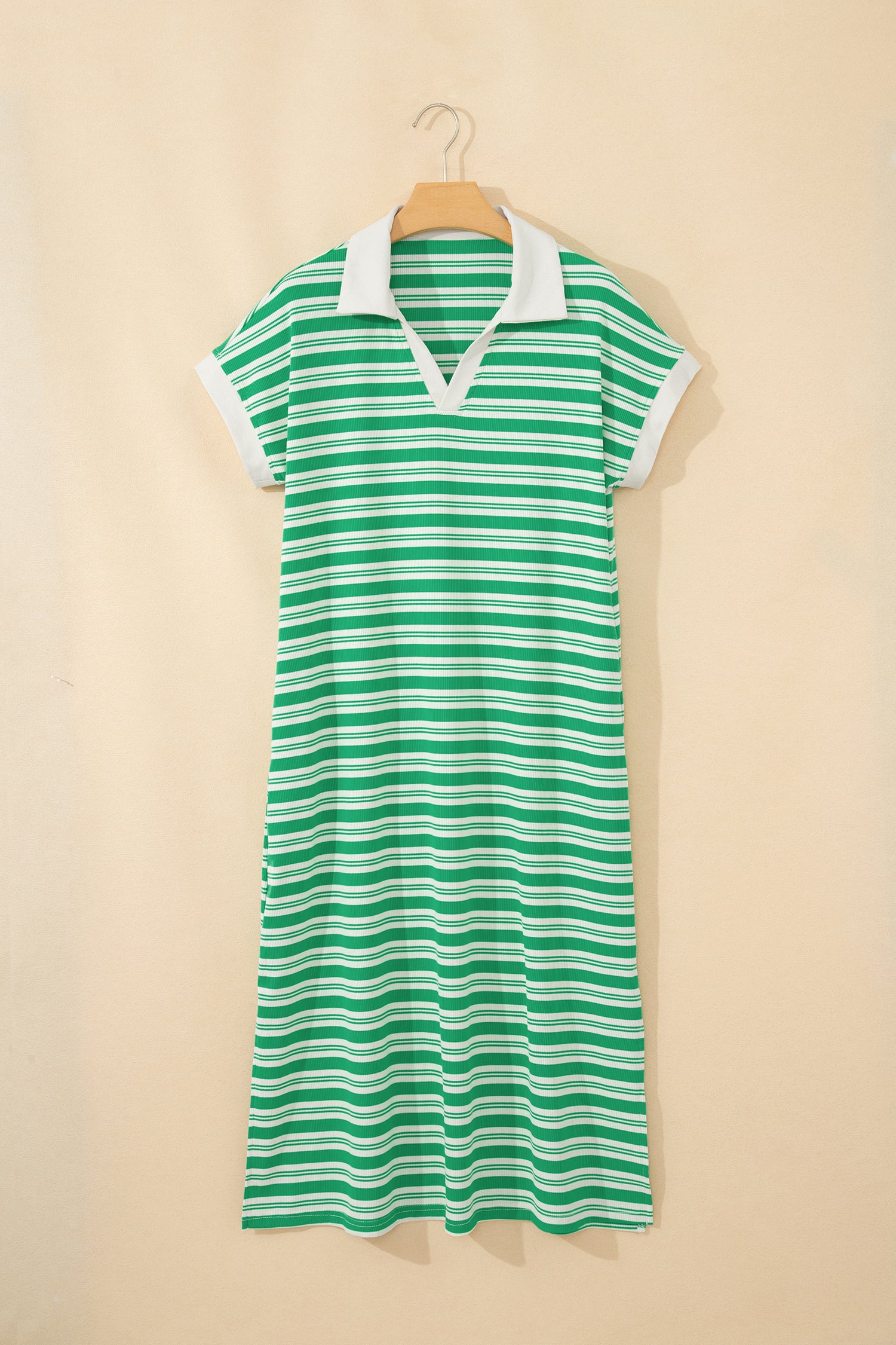 Shop Women's Stripe Collared V-Neck Short Sleeve T-Shirt Midi Dress Pockets Green at LivelyLooks