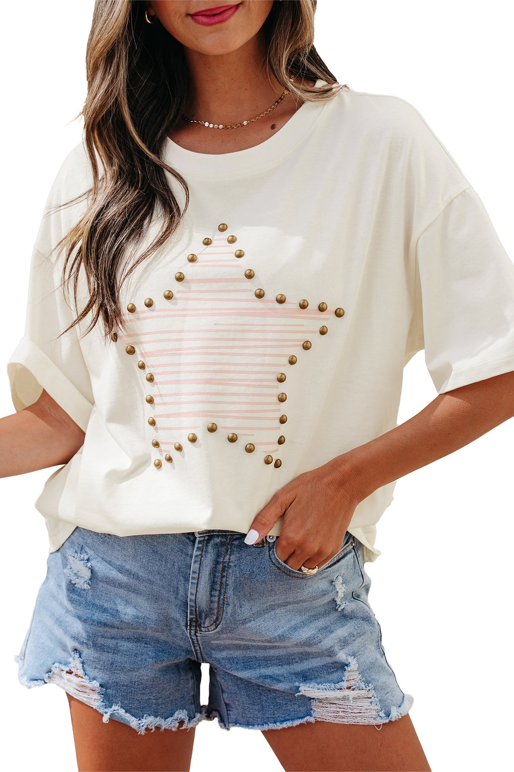 LivelyLooks Beige Star Print Stud Detail Cotton Jersey Top S-XL women's fashion