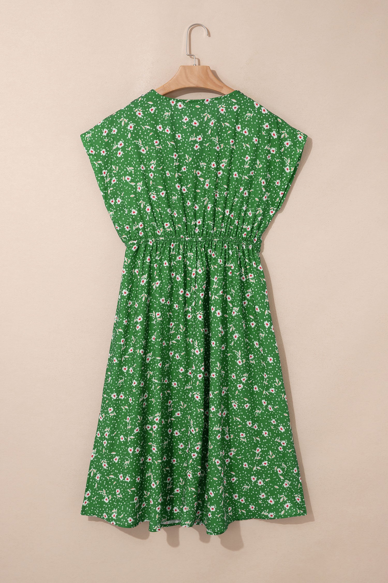 Abstract Print Embroidered V-Neck Dolman Sleeve Boho Midi Dress | Green & Apricot