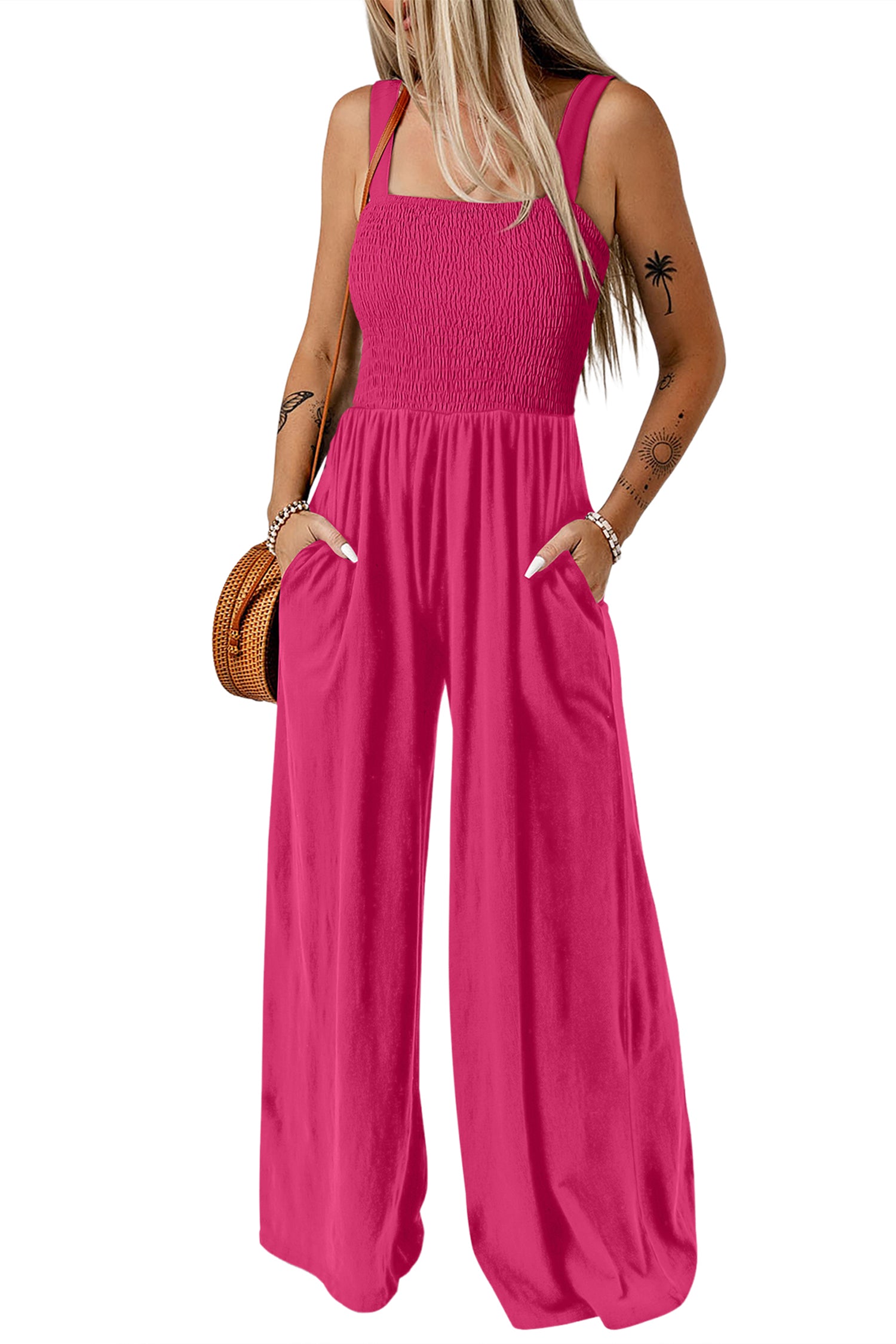 Women's Rose Red Smocked Square Neck Sleeveless Jumpsuit with Pockets at LivelyLooks