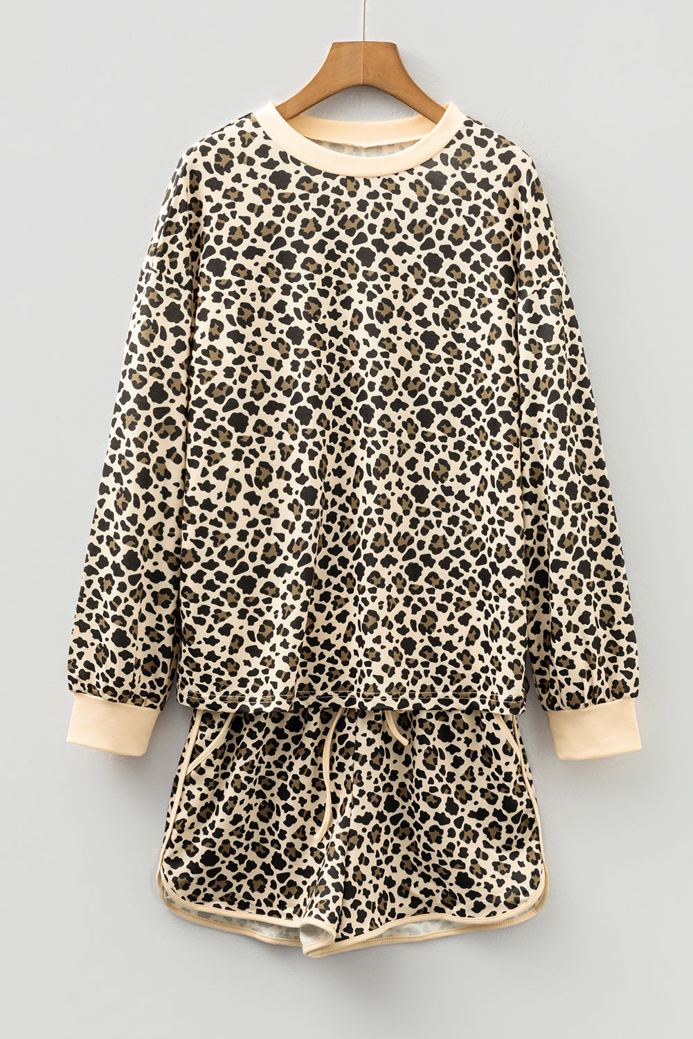 Brown Leopard Contrast Trim Pullover & Drawstring Shorts Set