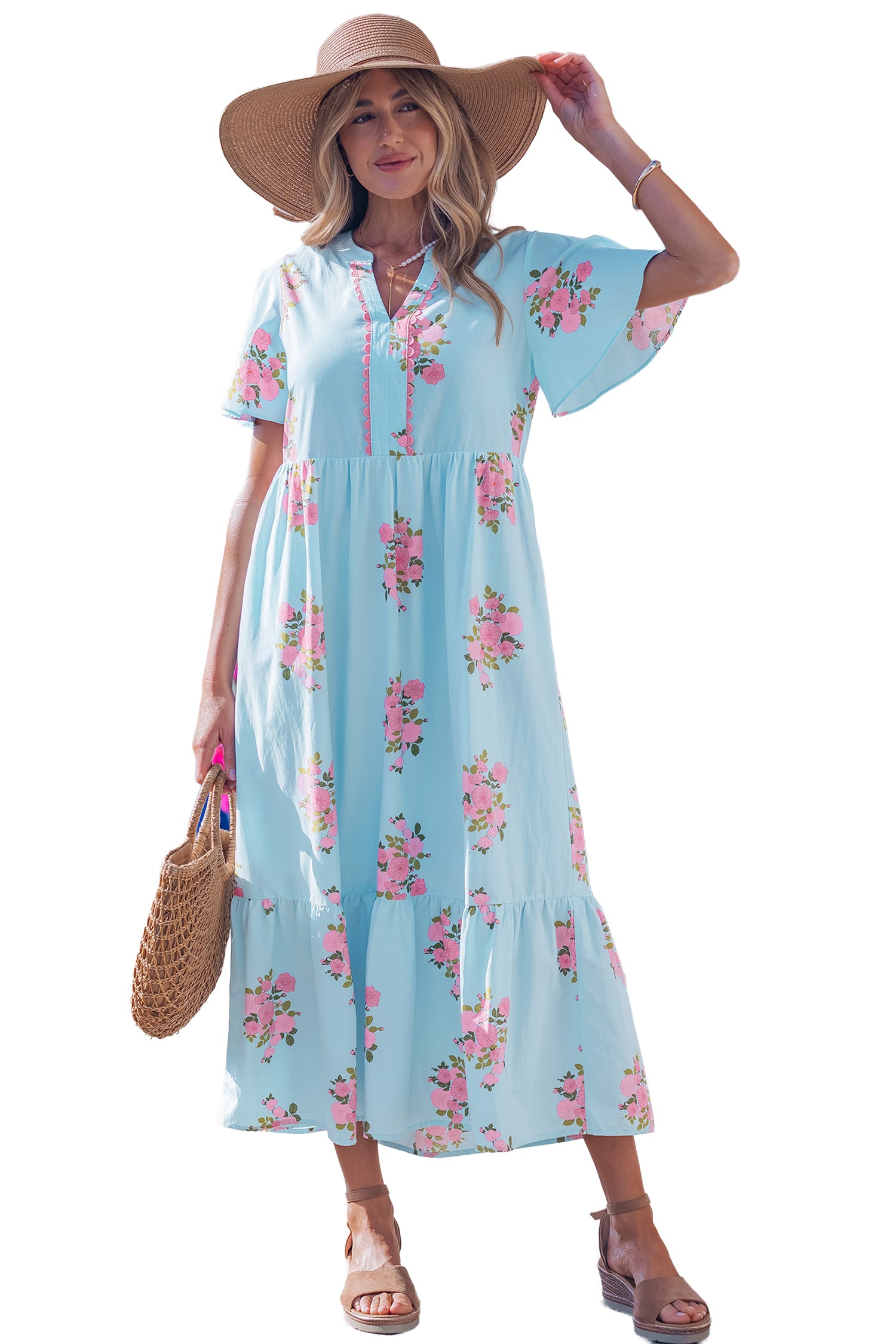 Women's Women's Floral Maxi Dress Flutter Sleeve Notched Neck Summer Holiday Pink Blue at LivelyLooks