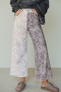 Women's Multicolour Retro Floral Leopard Contrast Patchwork Raw Hem Jeans at LivelyLooks