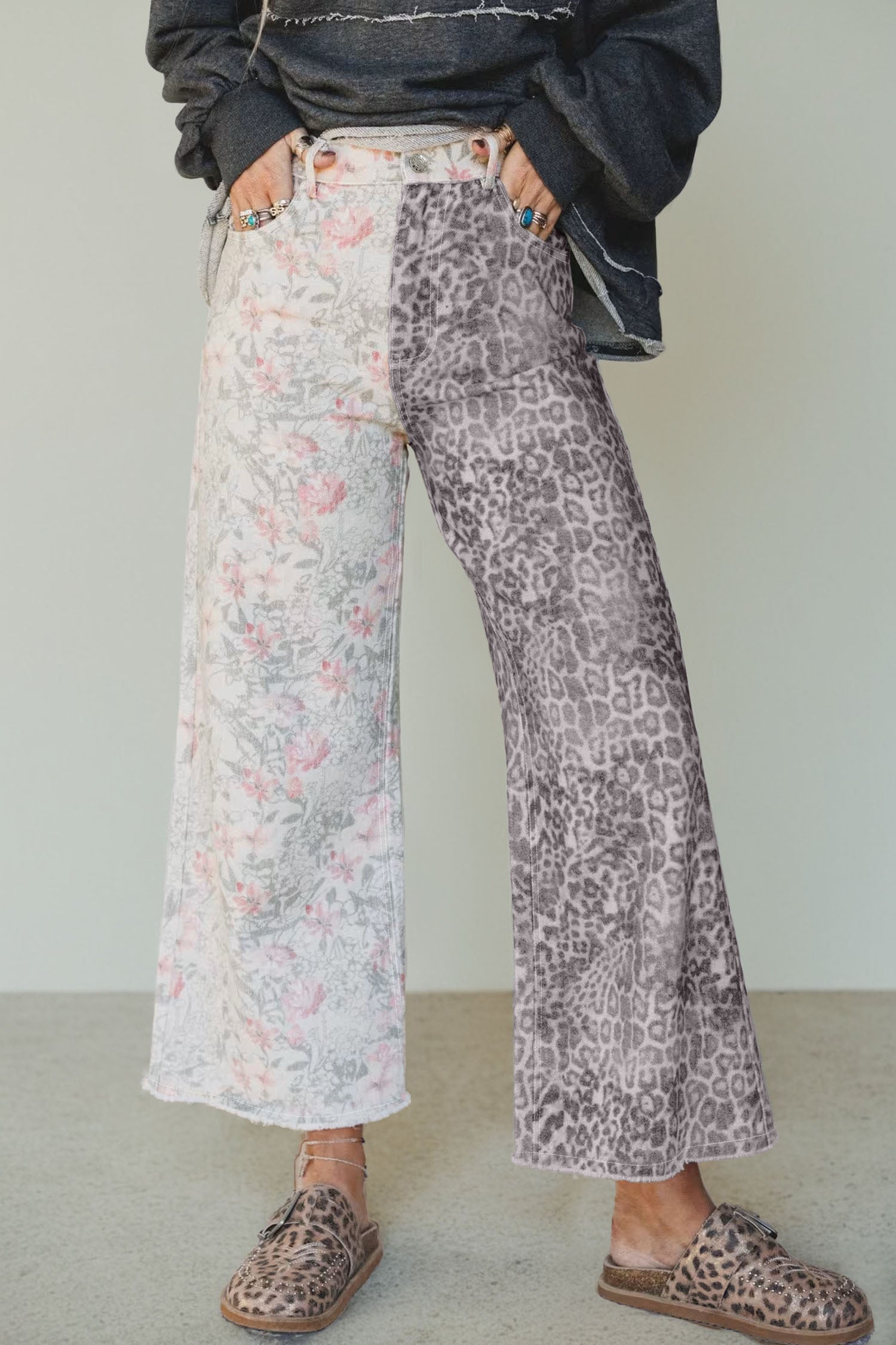 Women's Multicolour Retro Floral Leopard Contrast Patchwork Raw Hem Jeans at LivelyLooks