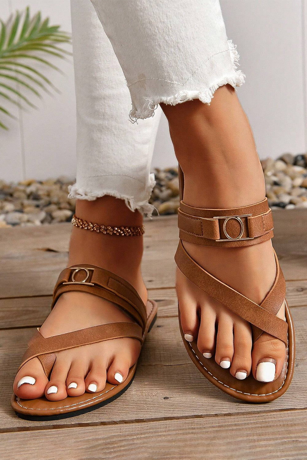 Shop Chestnut Cross Toe Metal Buckle PU Leather Flat Sandals at LivelyLooks