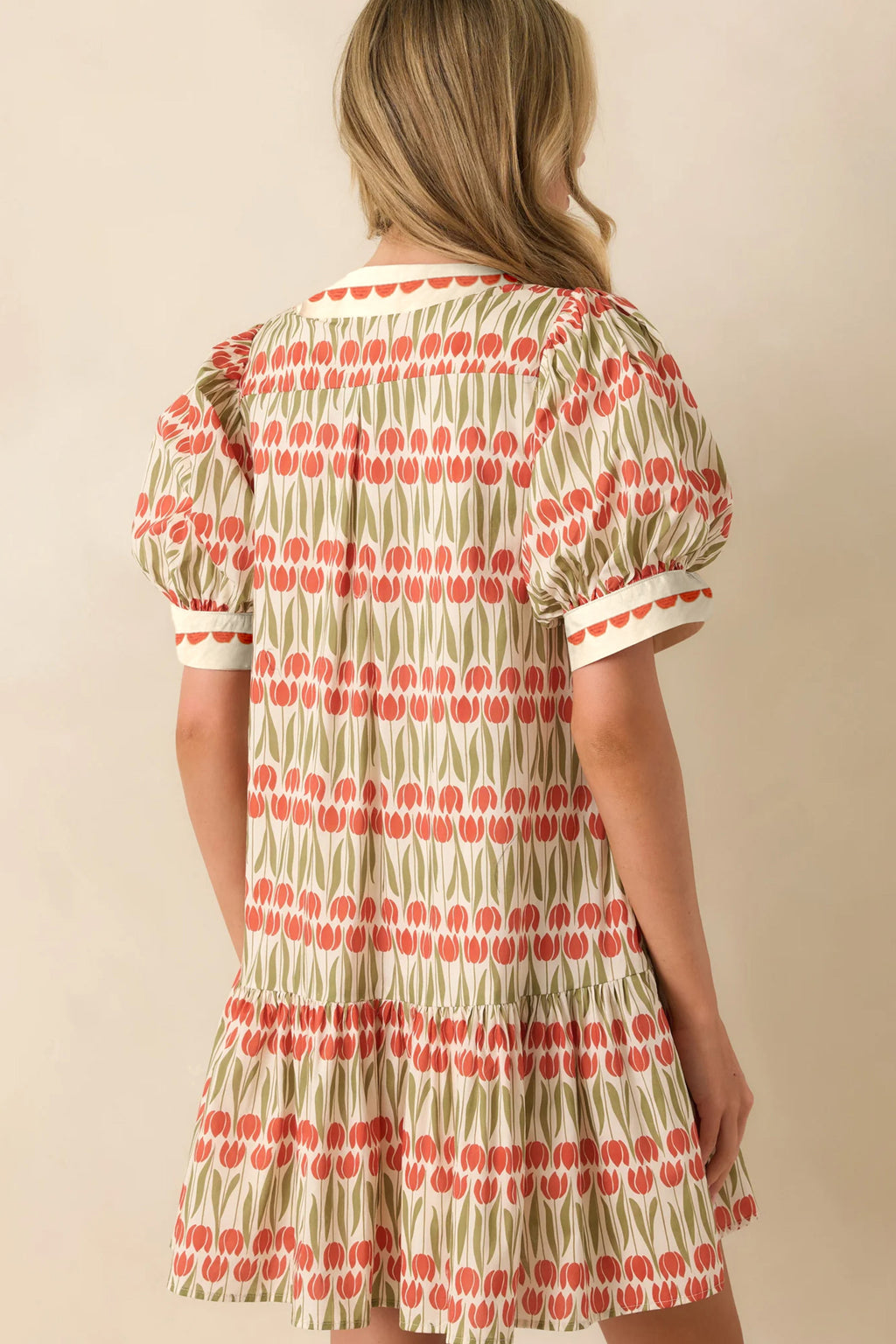 White Tulip Floral Print Cotton Puff Sleeve Rick Rack Mini Dress