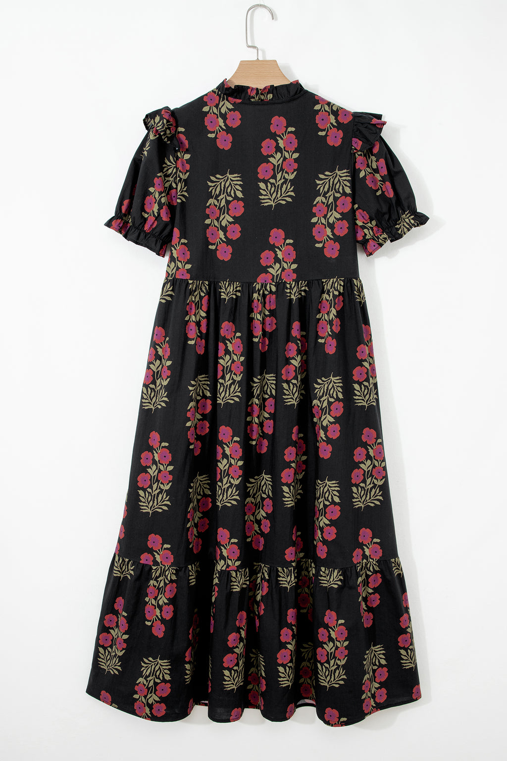 Floral Tiered Maxi Dress Bubble Sleeve Beige Black Women S-XL