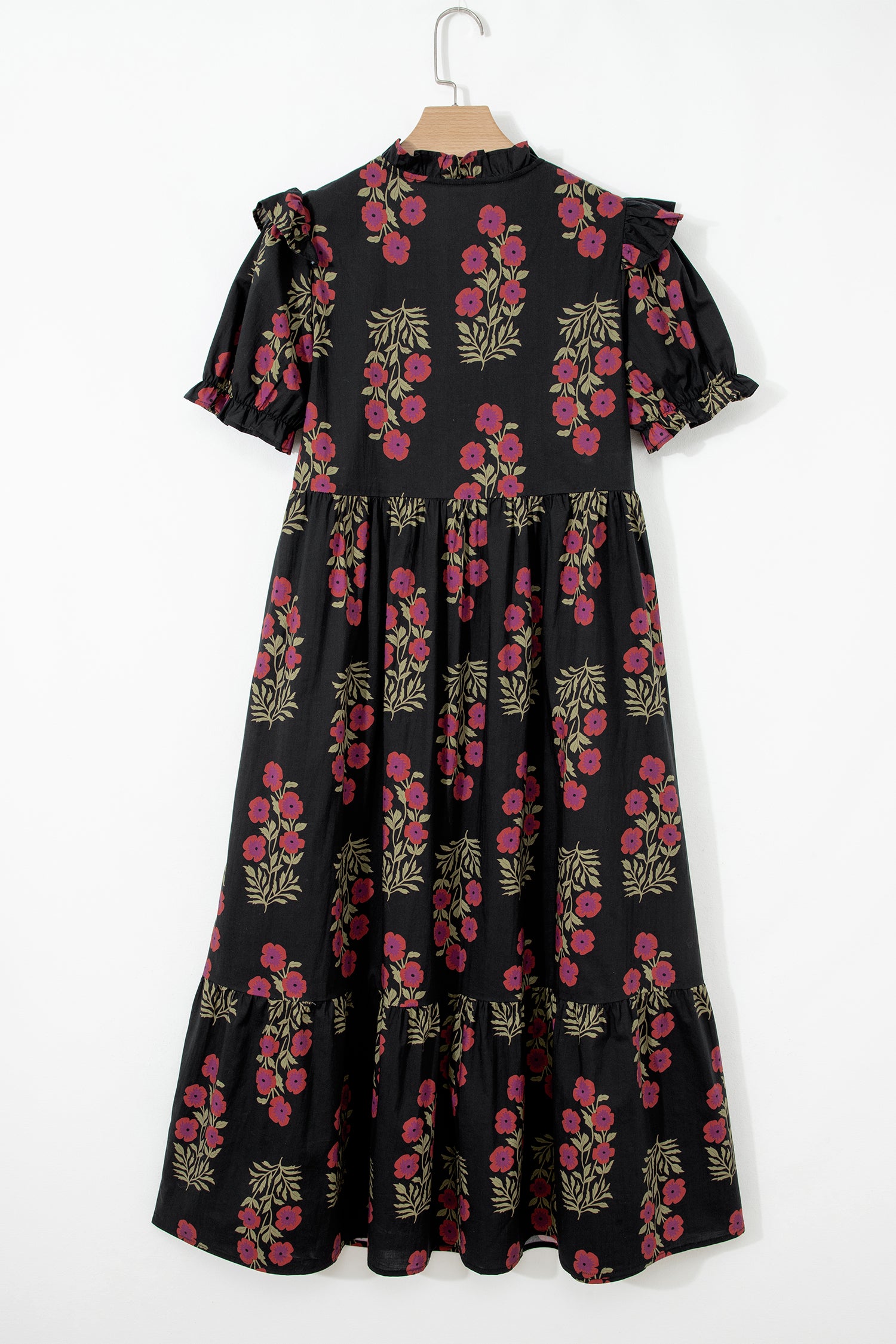 Floral Tiered Maxi Dress Bubble Sleeve Beige Black Women S-XL
