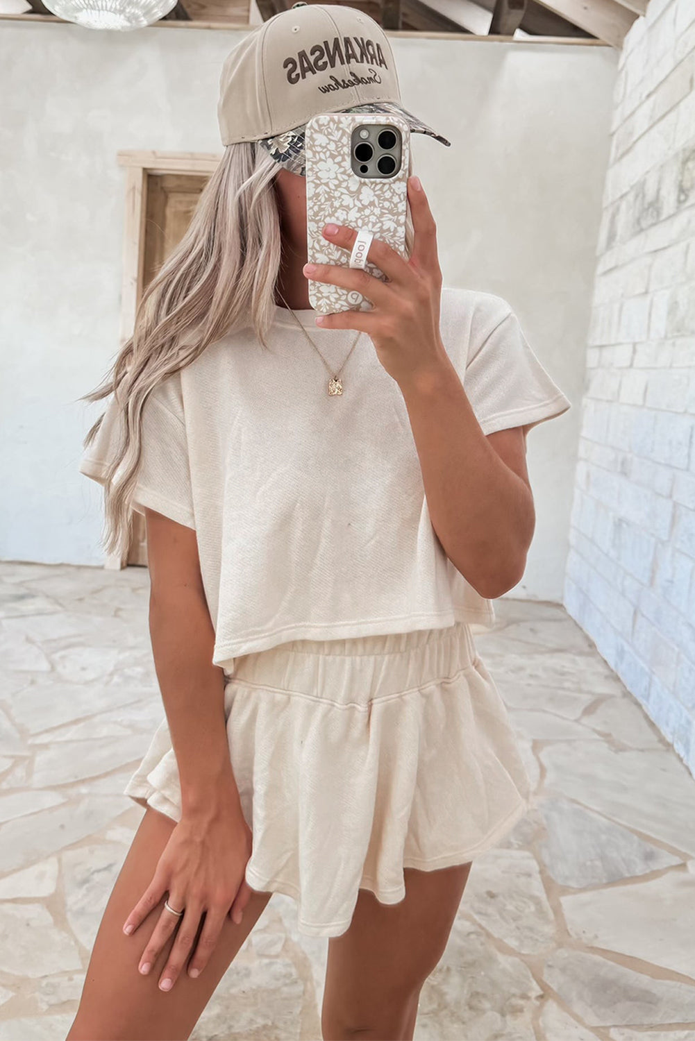 LivelyLooks Women's Cropped Tee & Ruffle High Waist Skort Set Beige S-XL women's fashion